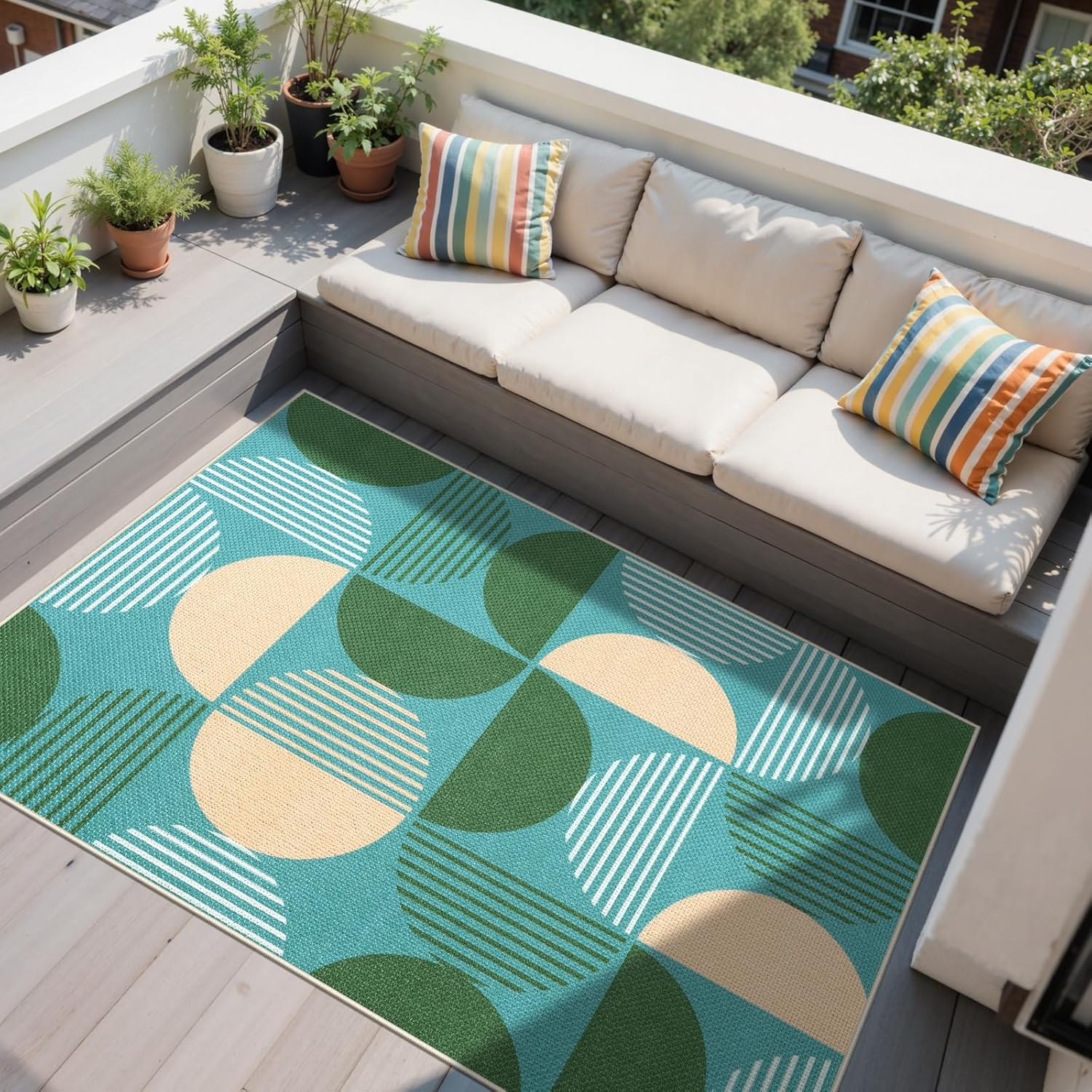 LEEVAN Easy Jute Rainbow 5x7 Living Room Rugs, Washable Modern Geometric Outdoor Patio Rug Non Slip, Green Abstract Bedroom Rug, Neutral Non Shedding Floor Carpet for Backyard Dining Room