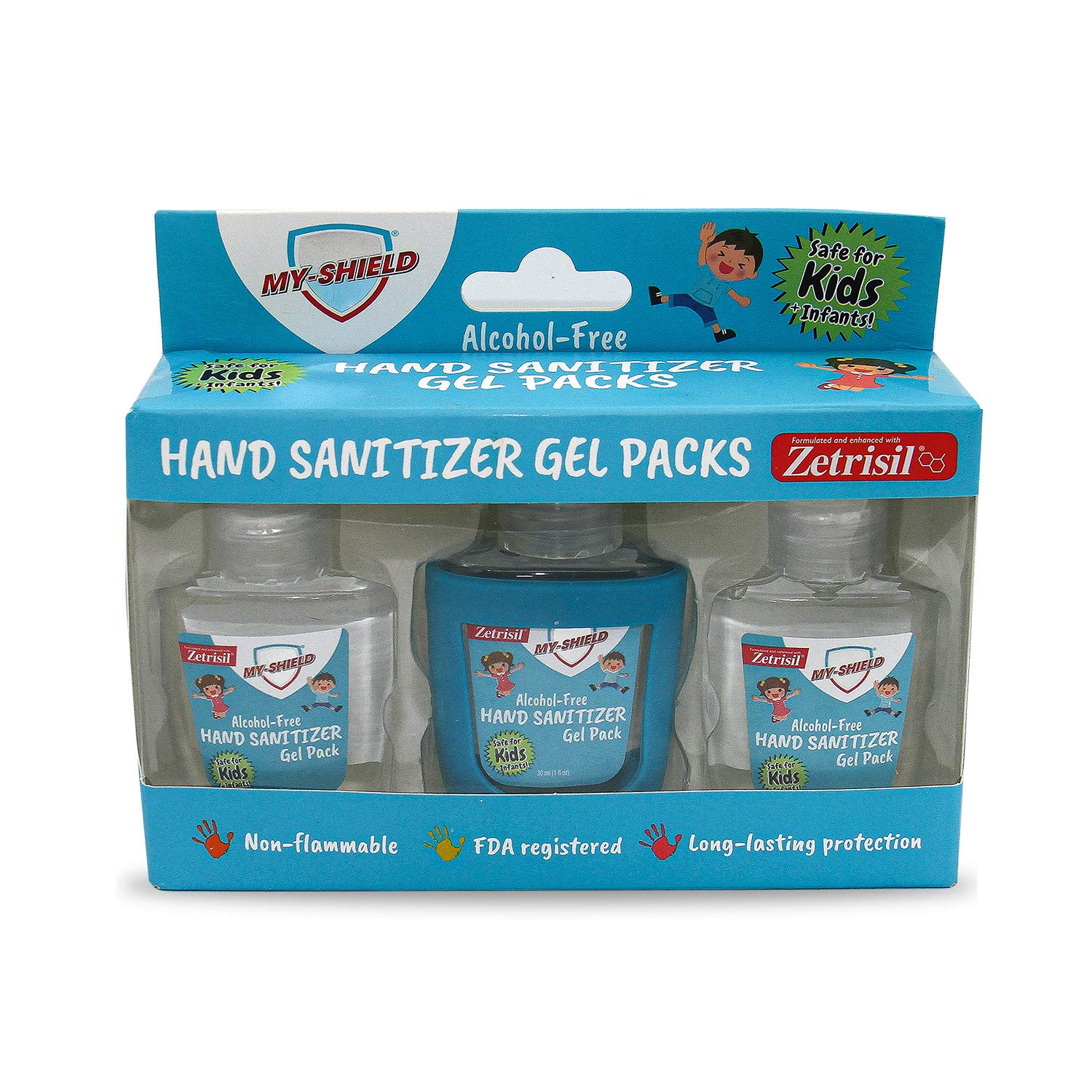 My-shield Hand Sanitizer Gel Packs for Kids With Silicone Holder 1 oz (3-pack) Alcohol-Free, Long-lasting Protection. Kills 99.9%. Formulated with