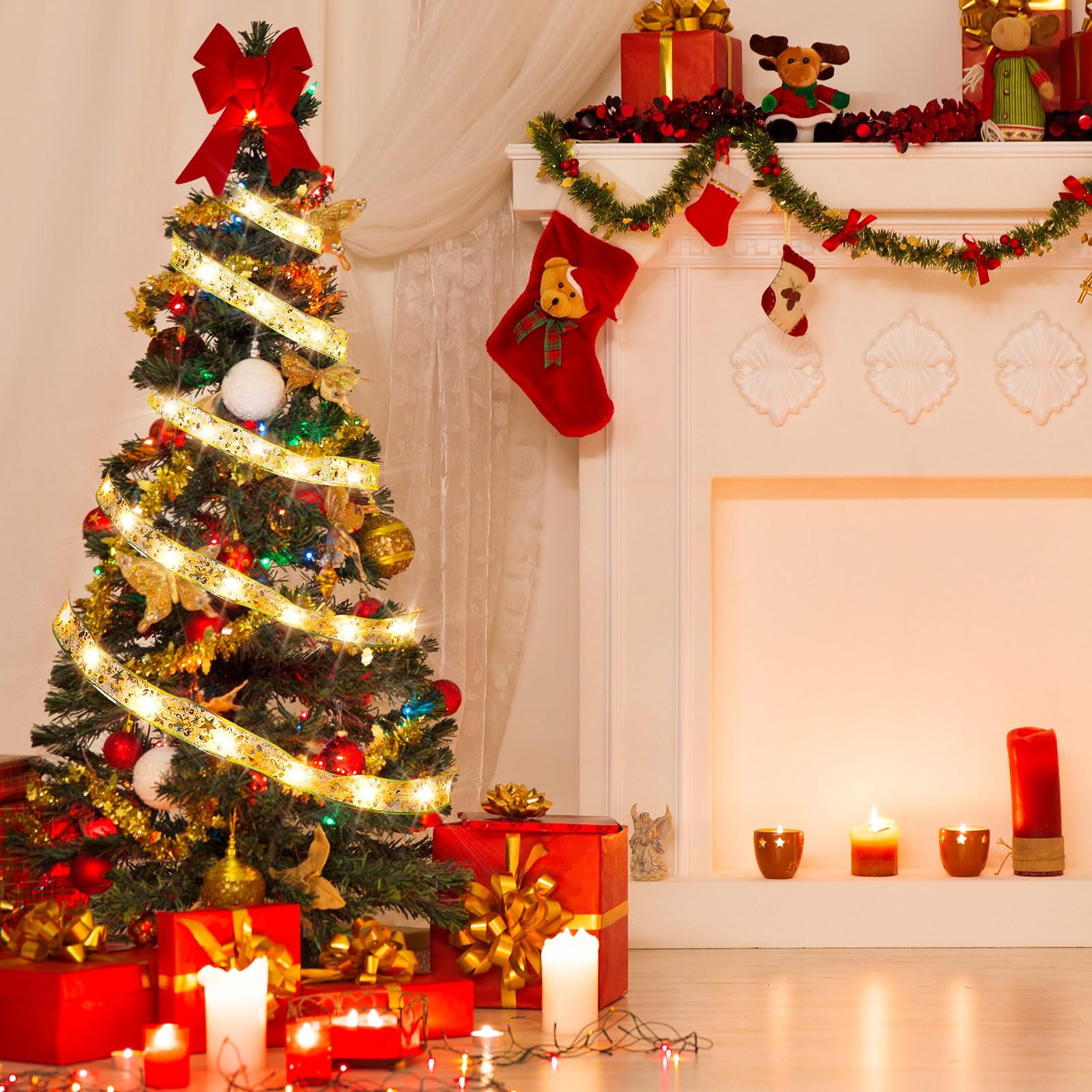 Lot de 4 guirlandes lumineuses de Noël dorées de 20 m pour sapin de Noël - Décorations de Noël intérieures et extérieures - Blanc chaud