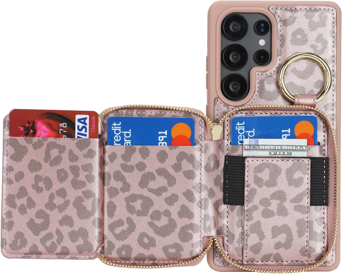 for Galaxy S25 Ultra Case Wallet with Card Holder,for Galaxy S25 Ultra Phone case Wallet with Zipper with Slot Kickstand Stand Case for Women and Man 6.9 inch-Rose Gold Leopard