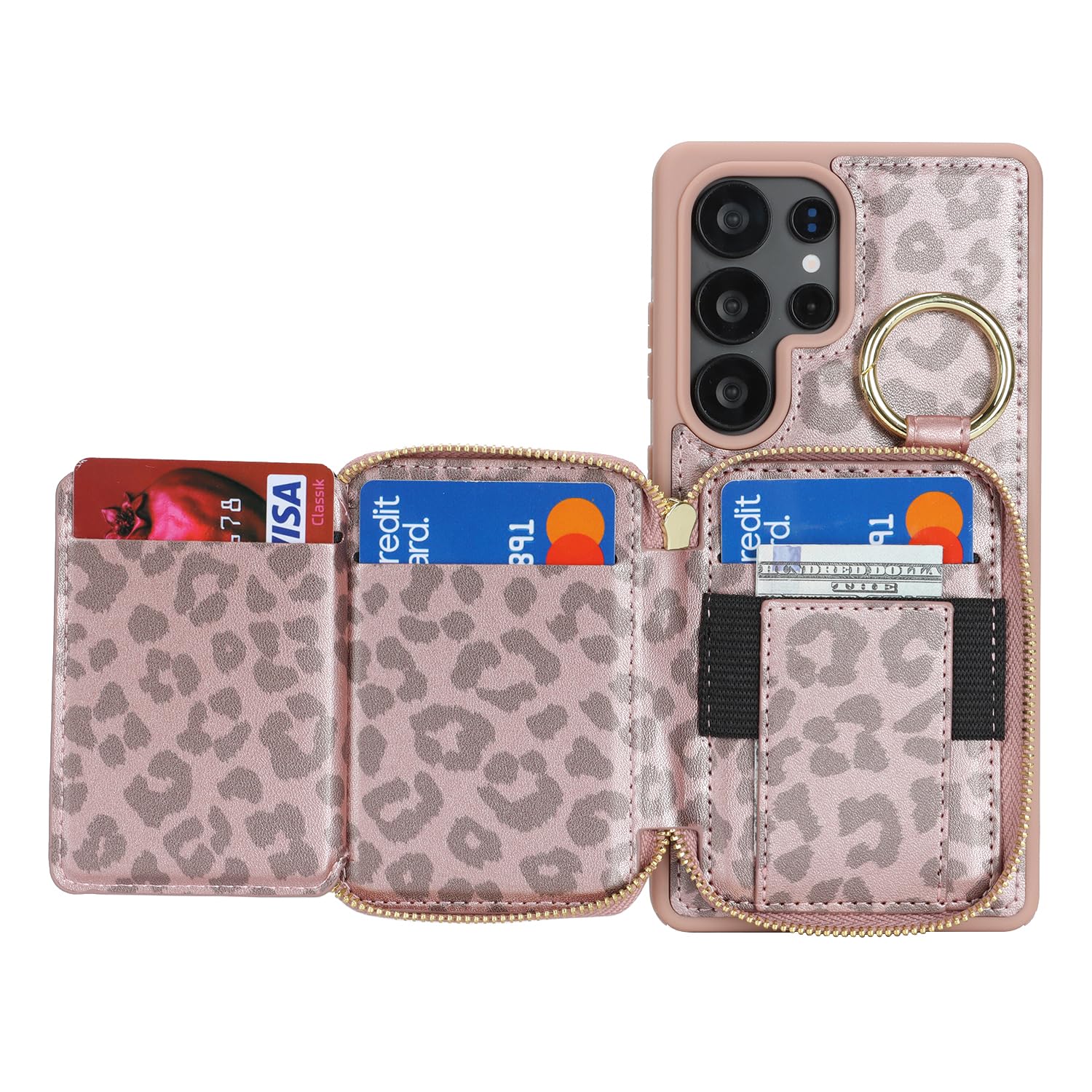 Etui do Galaxy S25 Ultra z uchwytem na karty, do Galaxy S25 Ultra etui na telefon portfel z zamkiem błyskawicznym z przegródką na podpórkę etui dla kobiet i mężczyzn 17.5 cm, różowe złoto