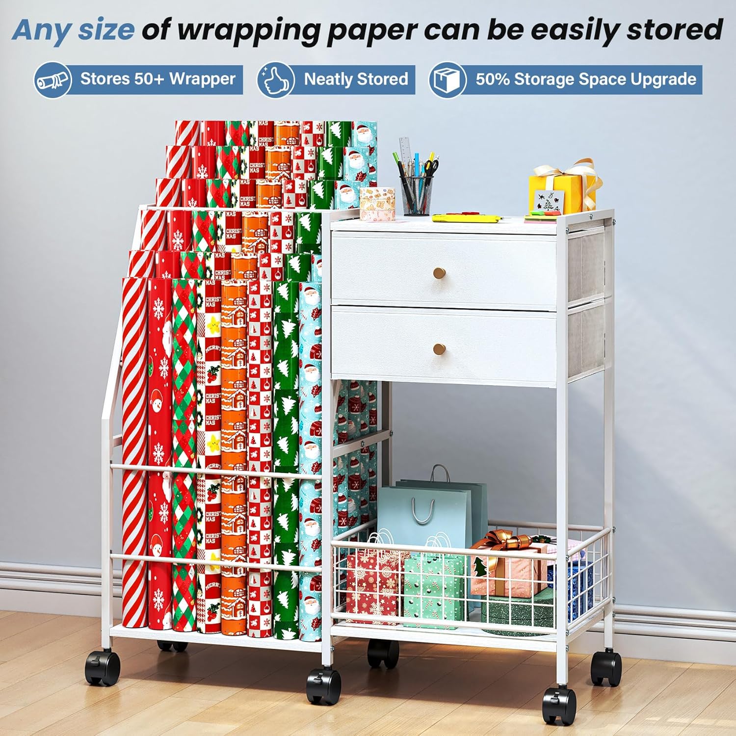 TC-HOMENY Wrapping Paper Organizer Storage Cart,Ribbon Organizer and Gift Wrap Rack with 2 Large Drawers, Blueprint Poster Holder, Craft Organizer, Christmas Paper Storage Containers with Wheels