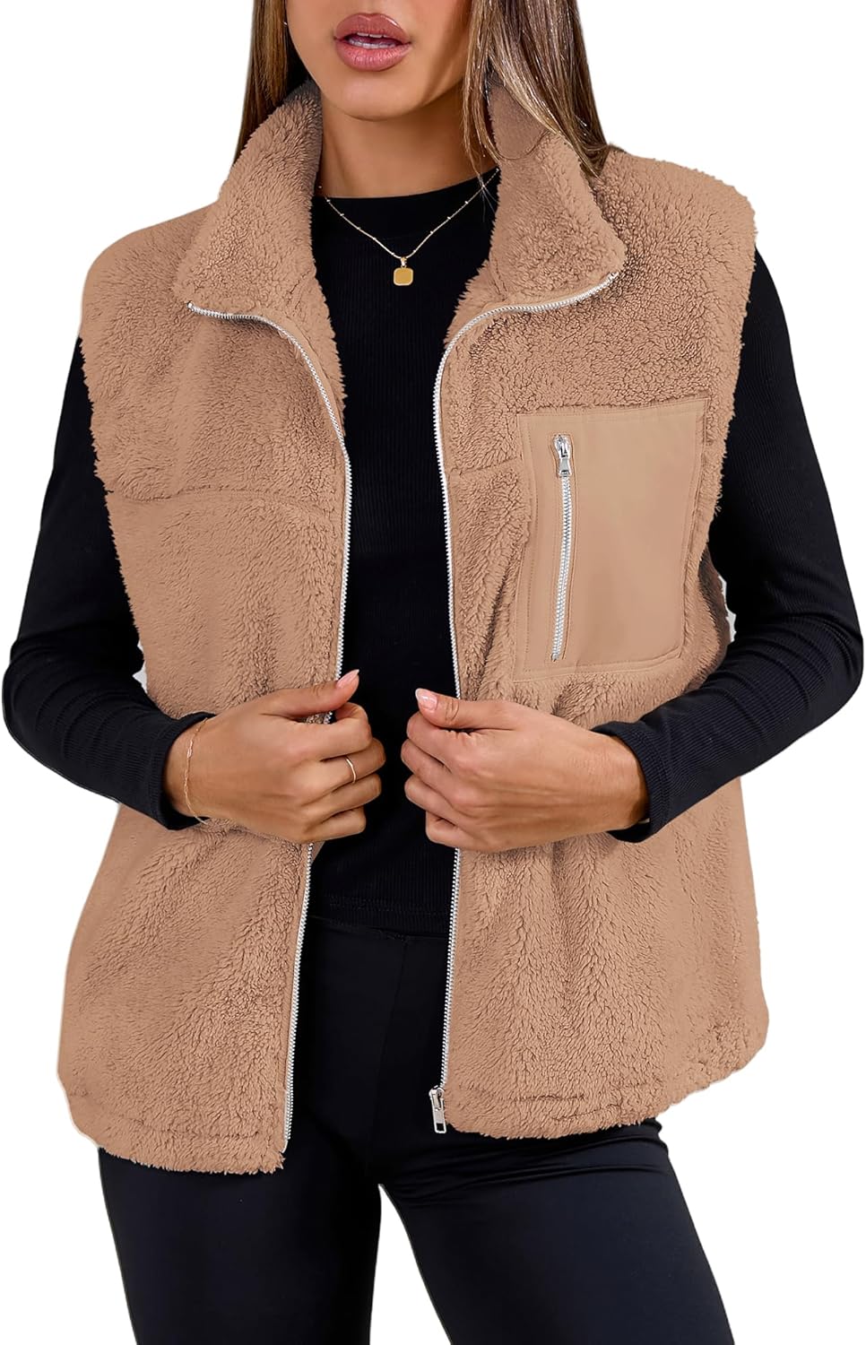 SimpleFun Women's Fuzzy Fleece Vest Trendy Zip Up Sleeveless Sherpa Jacket Stand Collar Winter Coat Outerwear with Pockets