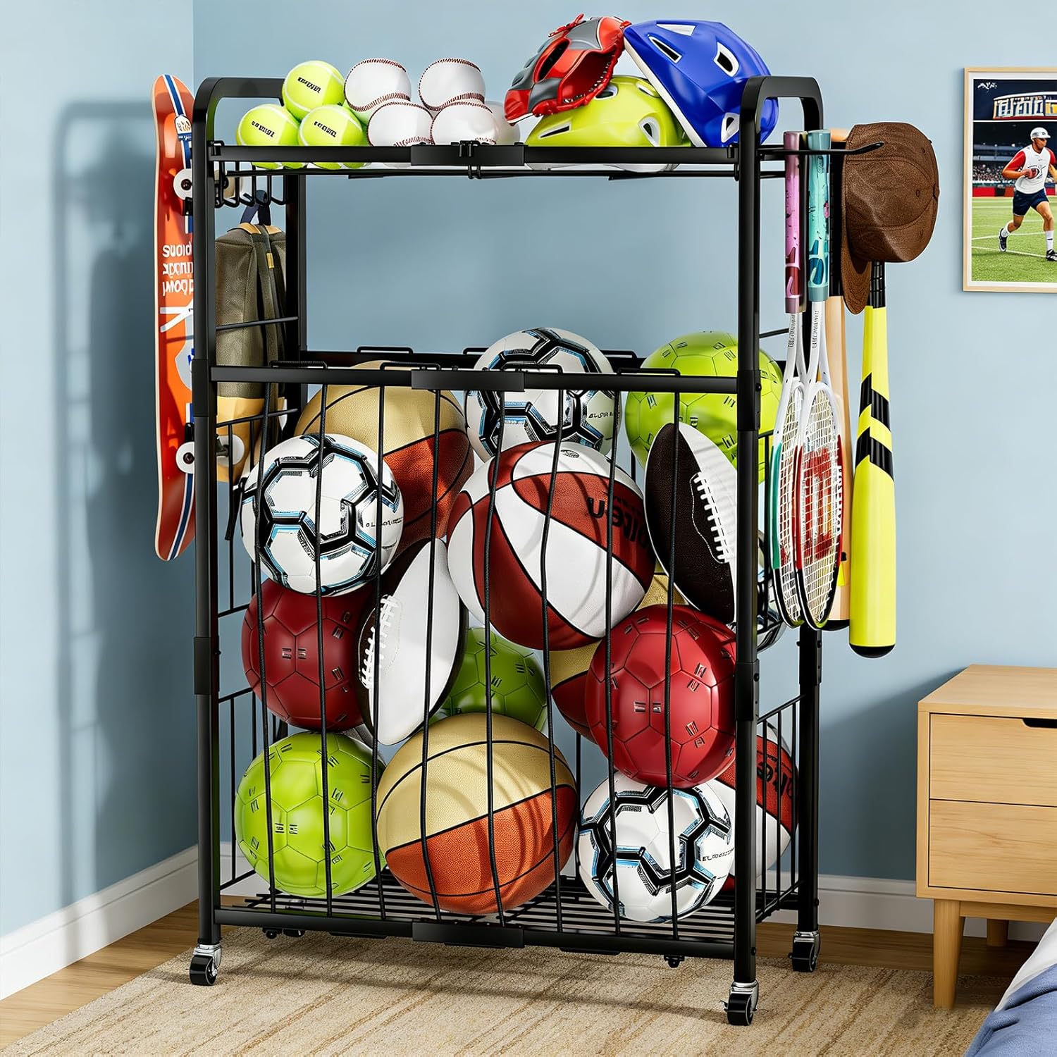 Garage Ball Storage Rack - Sports Equipment Organizer with Wheels, Rolling Sports Ball Cart with Elastic Rope, Outdoor Ball Holder for Basketball Soccer Volleyball Football, Garage Toy Storage