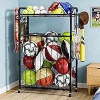 YIWANFW Garage Ball Storage Rack with Wheels - Rolling Sports Ball Cart, Elastic Rope Organizer for Basketball Soccer Volleyball Football & Toys