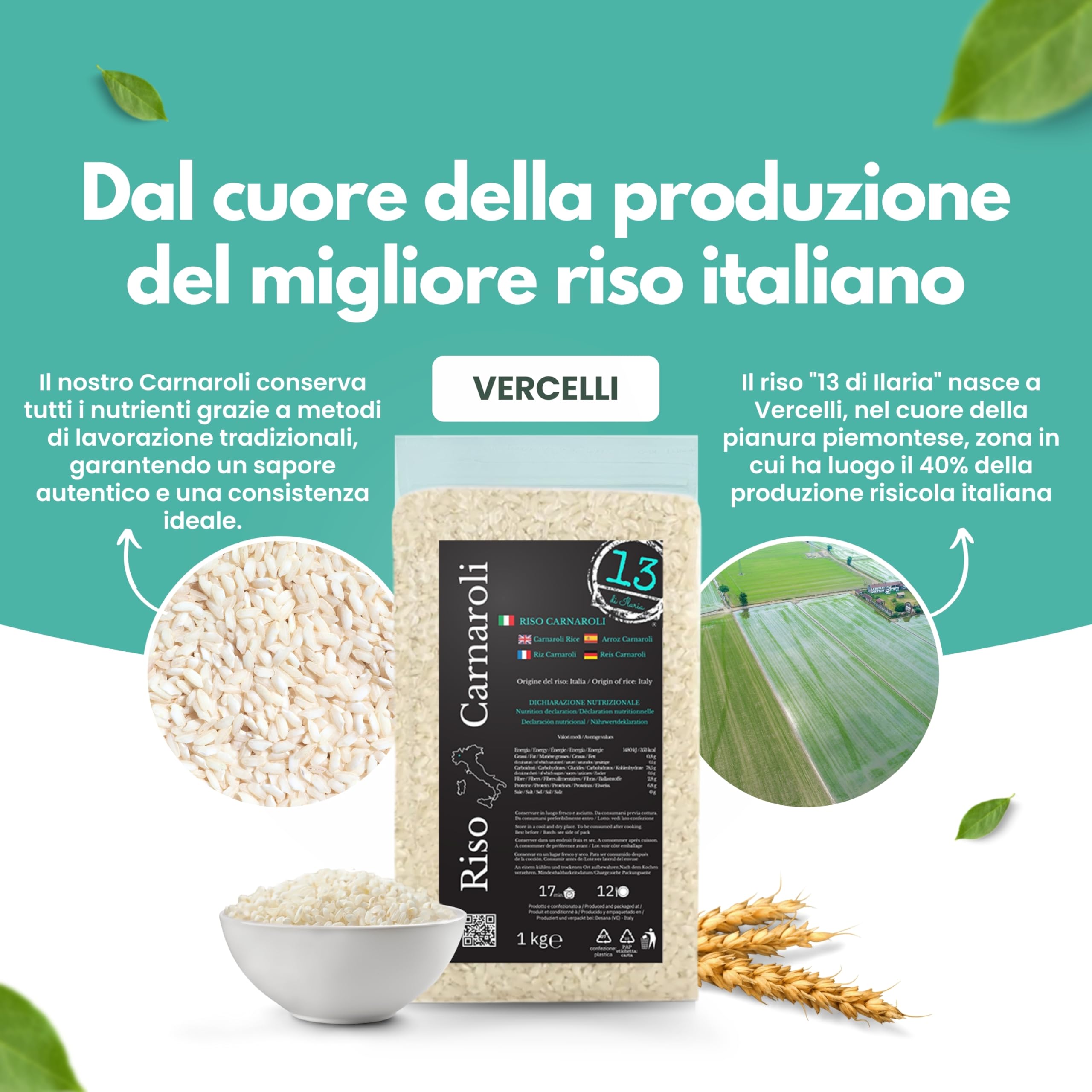 Riso Carnaroli Italiano 2 kg (2×1kg) – Chicchi Lunghi Ricchi di Amido – Ideale per Risotti – Senza Glutine – Coltivato a Vercelli | Made in Italy