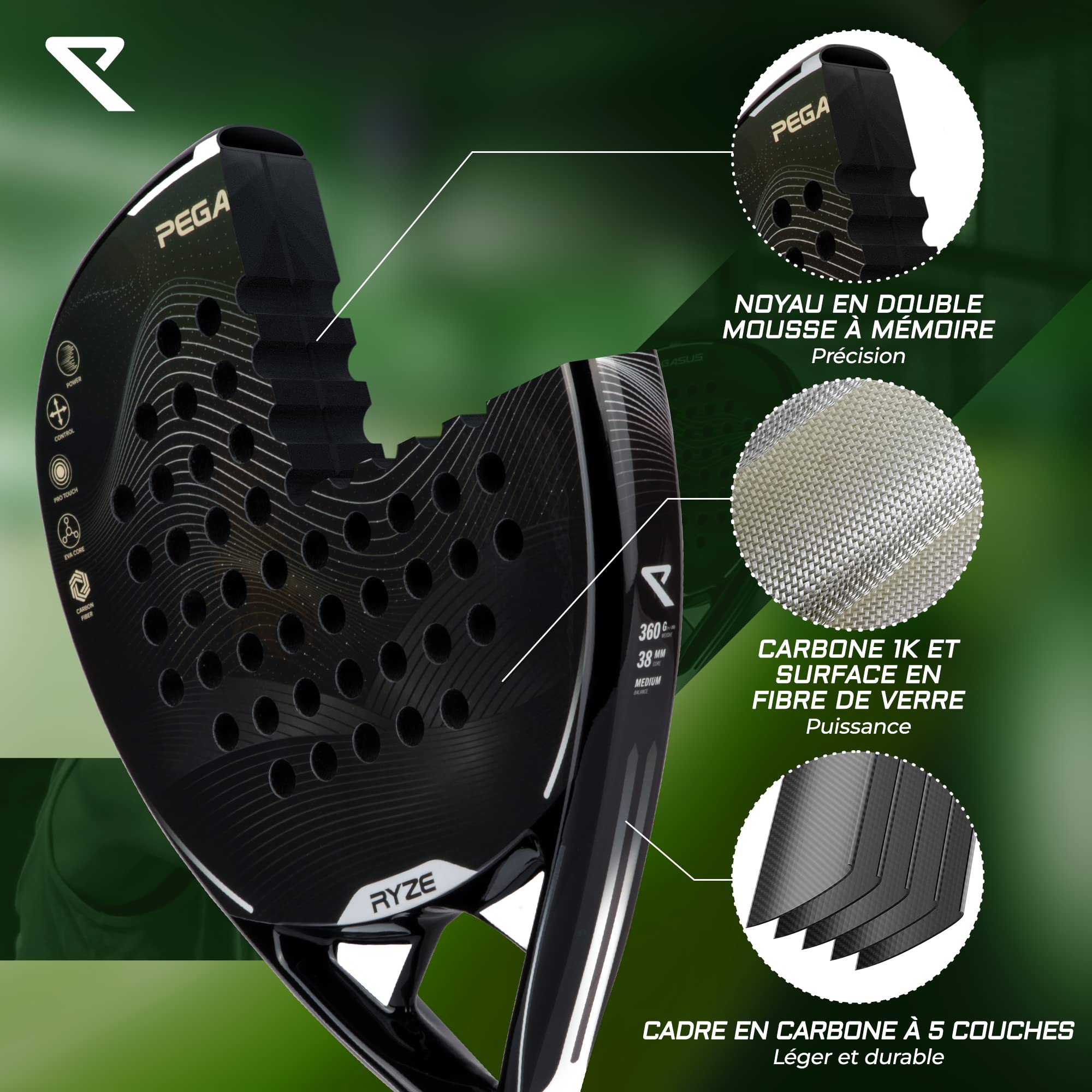 RYZE Raquette de Padel 100% Fibre de Carbone - Puissance + Contrôle Maximum - Padel Raquette avec EVA Pro Flex - Structure Légère et Durable - Raquette de Padel pour Homme et Femme - Étui Inclus