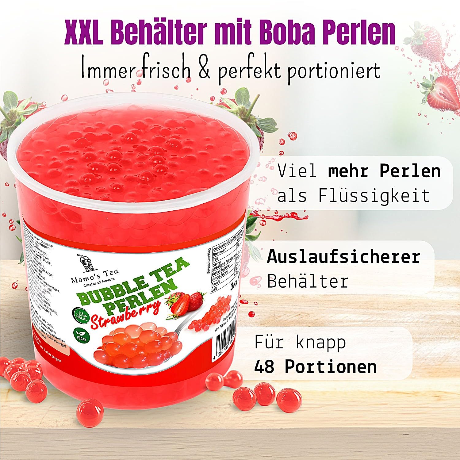 Momo's Tea® Bubble Tea Perlen - zum selber machen [Erdbeere - 3kg XXL Behälter] - 100% vegan, halal, glutenfrei