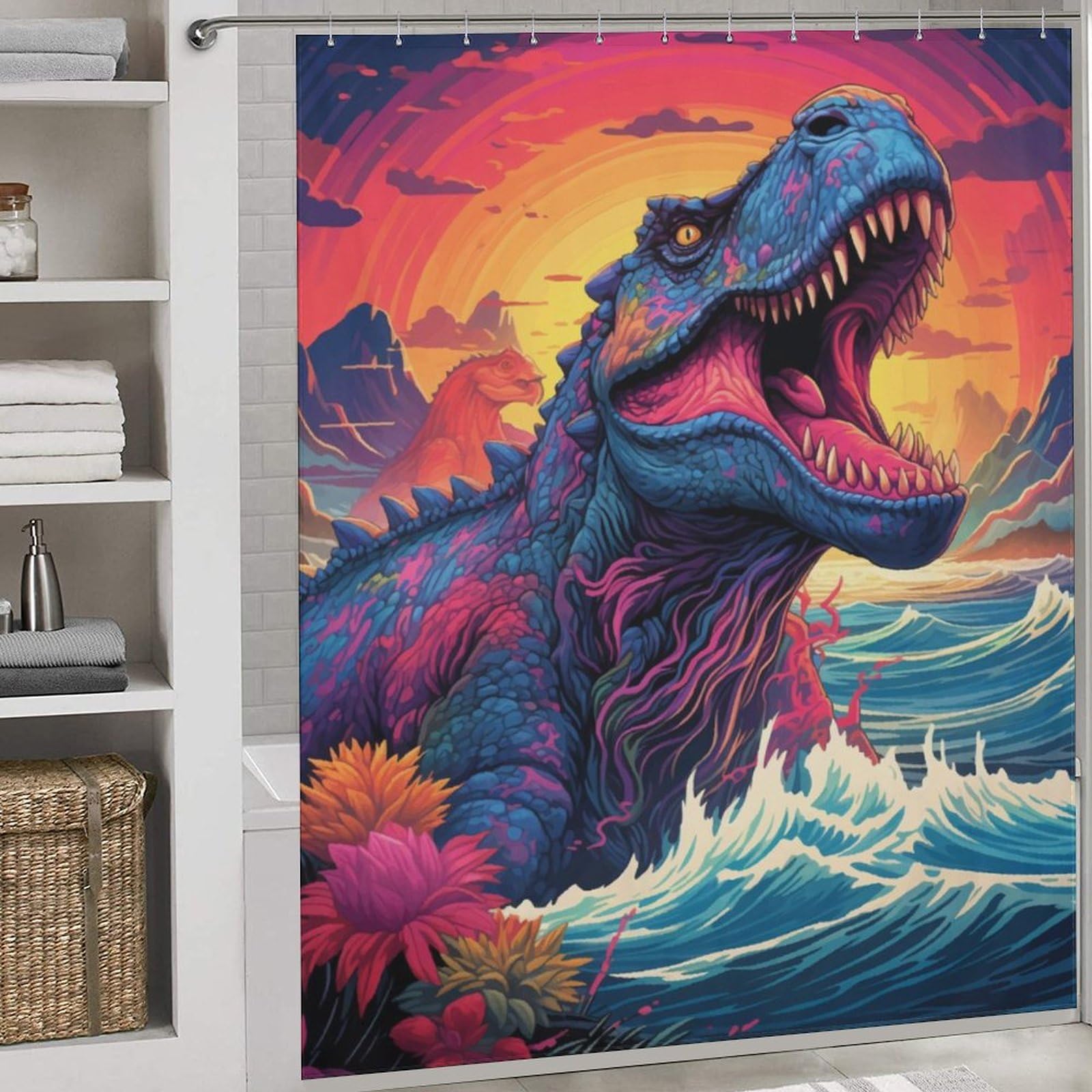 Rideau de douche dinosaure imperméable, rideau baignoire anti-moisissure 183x183cm avec crochets