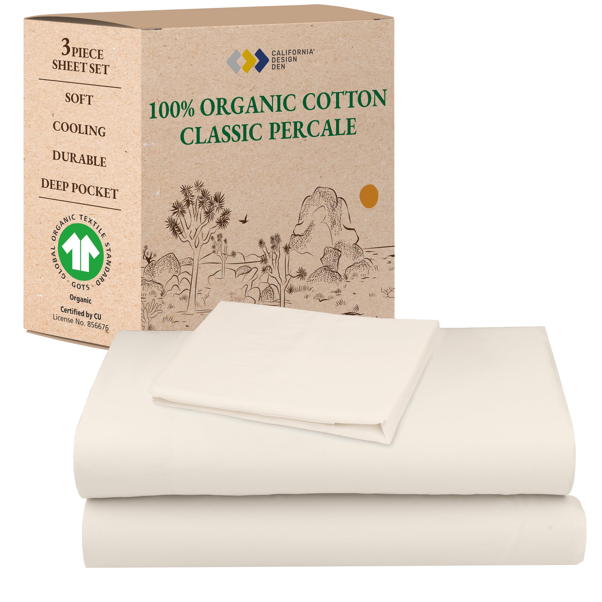california design den twin bed sheets set - soft 100 organic sheets with deep pockets crisp cotton percale breathable and durable bedding set - ivory cream tone