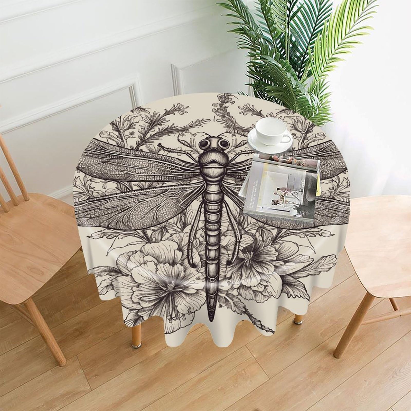 VstaDank Hand Drawn Floral Dragonfly Tablecloth Easy to Clean Polyester Round Table Cover Washable Round Table Cloth Wrinkle-Free Circle Decoration Tablecloth for Kitchen Dining Room 60"