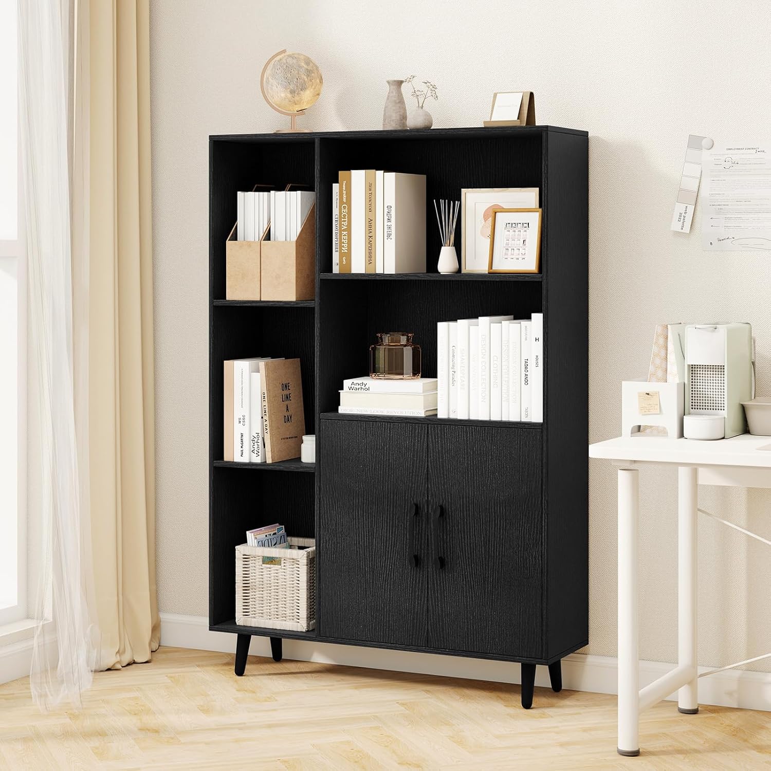 Giantex 47" Storage Cabinet, Bookcase with 2 Doors, 5 Open Shelves, Metal Legs, Anti-tip Kits, Pantry Cabinet, Floor Storage Organizer, Book Shelf for Entryway, Living Room, Office (Black)