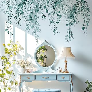 Teal Plants Leaves Wall Decals Peel and Stick, Large Floral Flowers Viny...