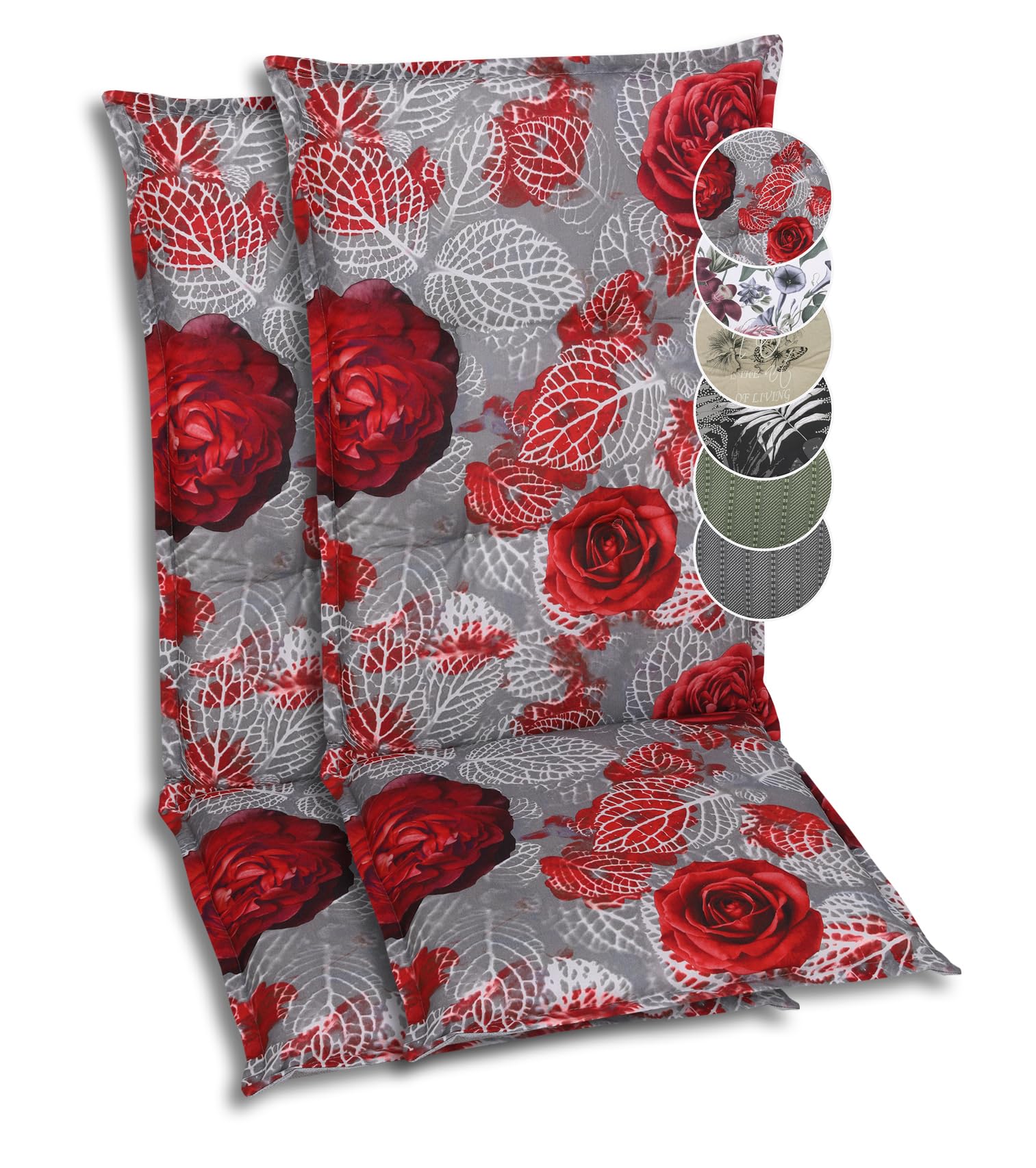 Bequeme und attraktive Polsterauflagen für Hochlehner-Gartenstühle (2er-Set, Red Roses grau, Hochlehner)