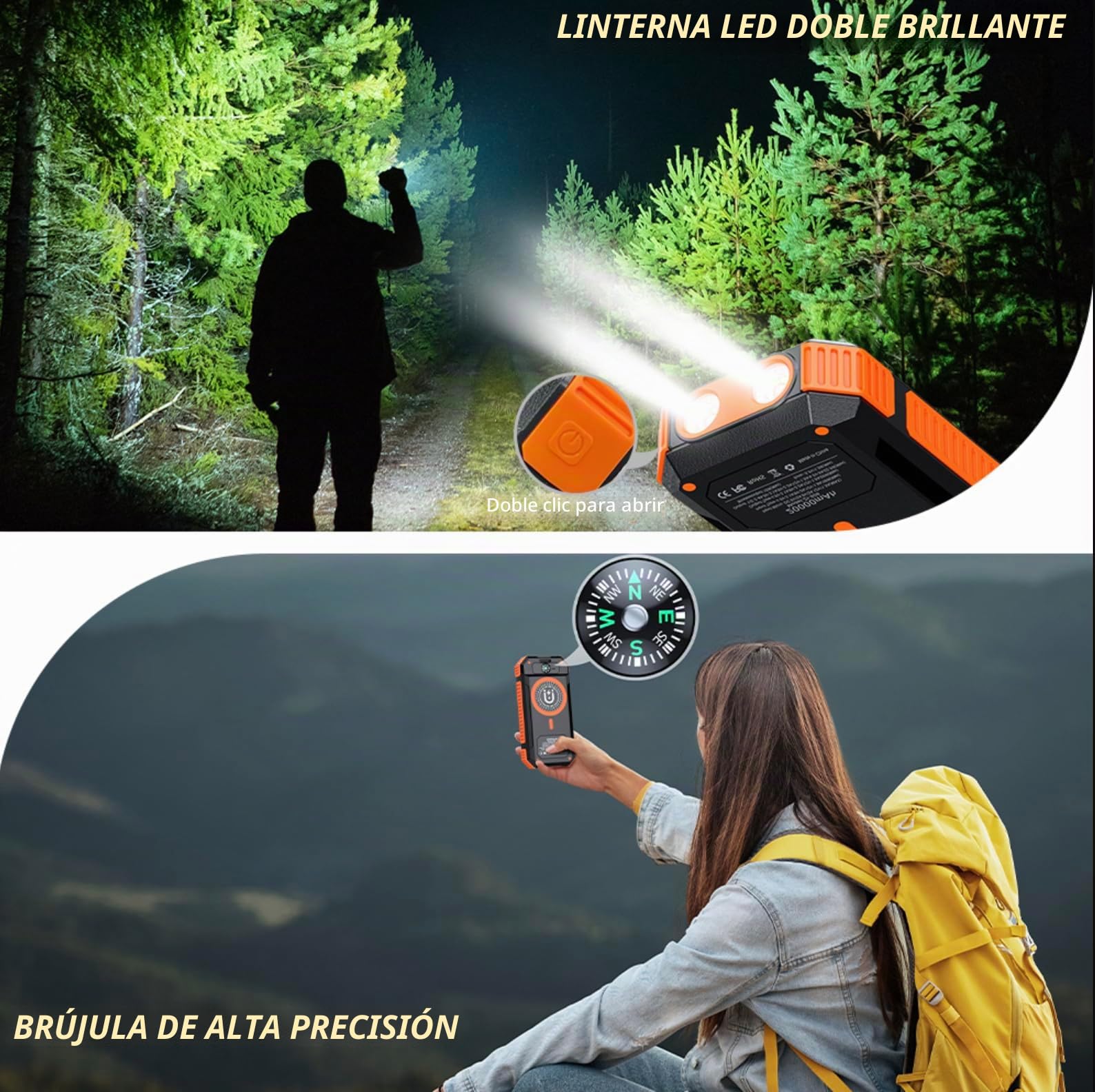 Power Bank Solar 20000mAh con Carga Inalámbrica – Batería Externa Impermeable con Panel Solar, Carga Rápida USB y USB-C, Linterna y Brújula – Cargador Portátil para iPhone, Samsung – QuickPrep