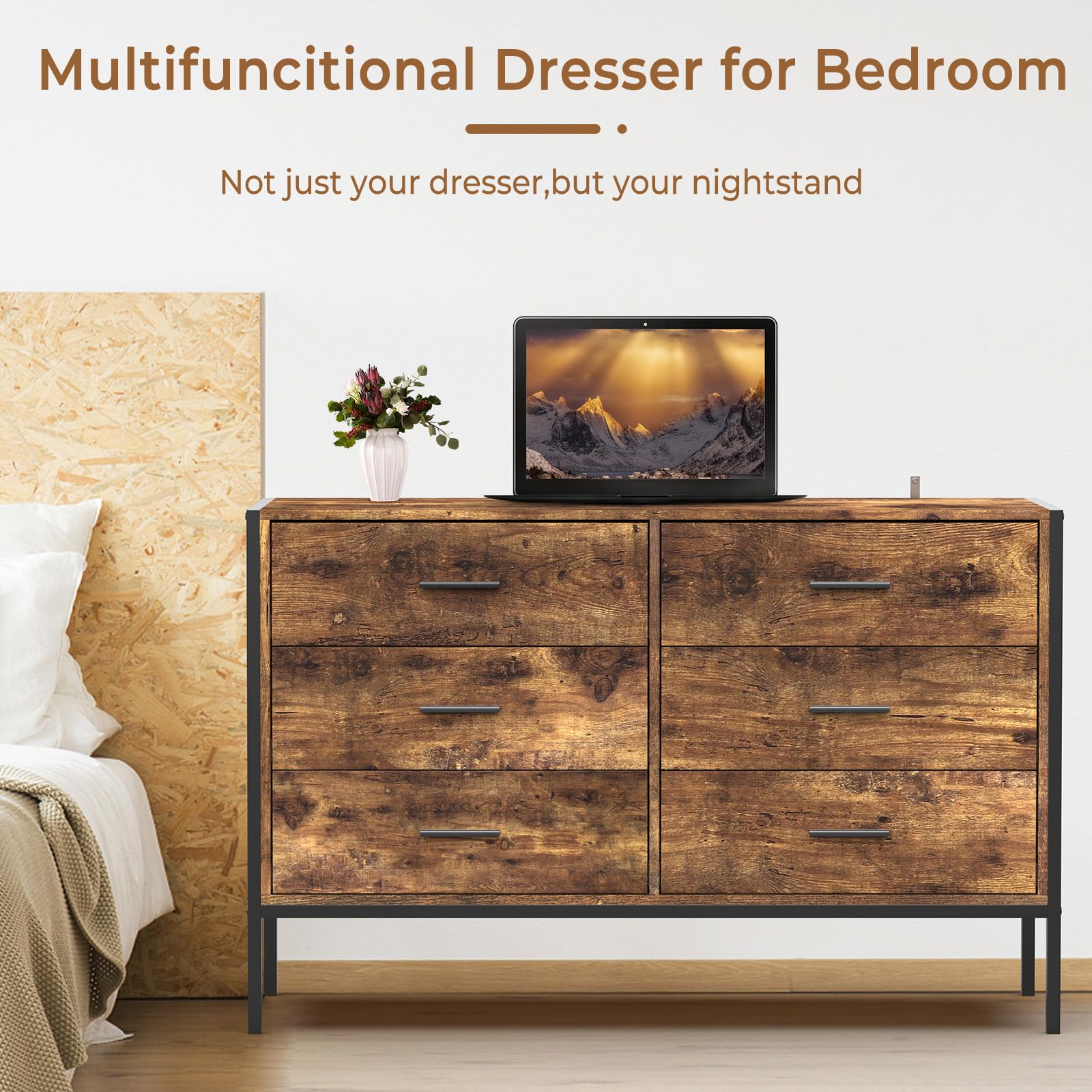 Lyromix Wood Dresser with 6 Drawers, Wide 48'' Wooden Storage Closet for Bedroom, Mid Century Modern Solid Clothes Cabinet with Sturdy Steel Frame, Rustic Brown, 48.43" W15.75 D31.30 H, 48inch