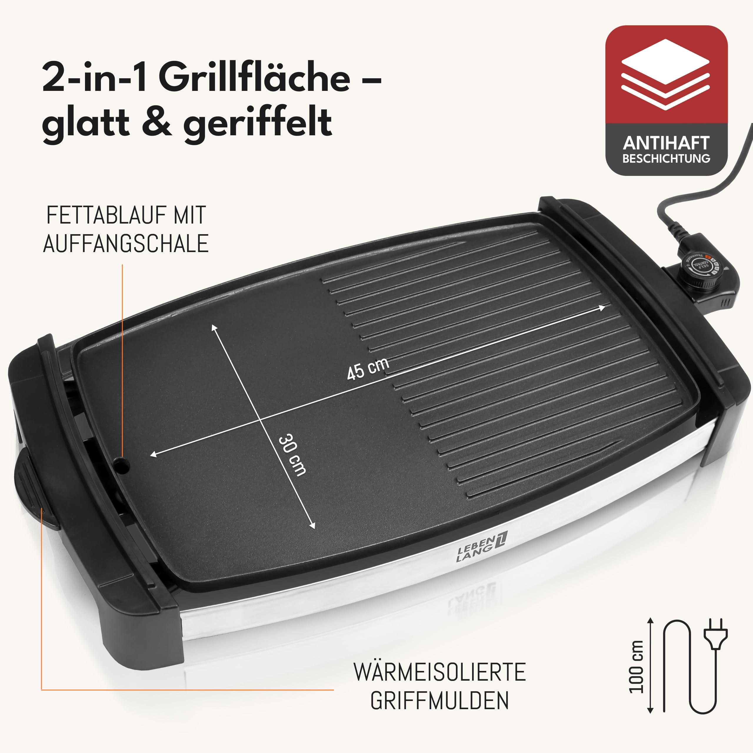 LEBENLANG Tischgrill Elektrisch 2000W 45x30cm Plancha Elektrogrill für Balkon Innen & Außen