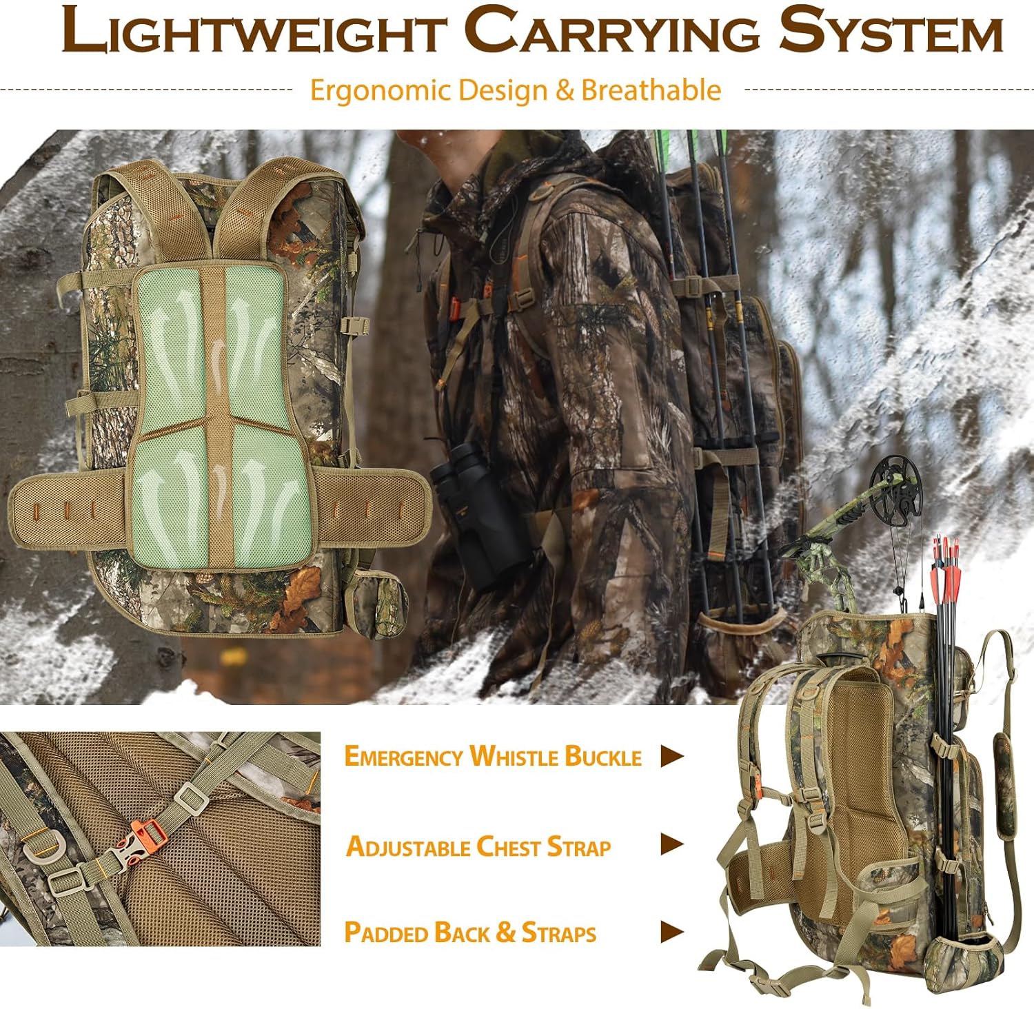 NEW VIEW Deer & Elk Hunting Backpack with Spacious Bow Compartment, Features Expandable Bow Holder & Adjustable Shoulder Strap, Lightweight Hunting Bag with Multiple Carry Options