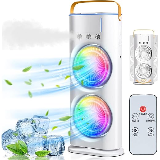 Techking USB Rechargeable Dual-Head Mist Fan Portable Cooling Fan with Water Spray, LED Lights & Adjustable Speeds Ideal for Desk, Travel, Outdoor & Summer Use