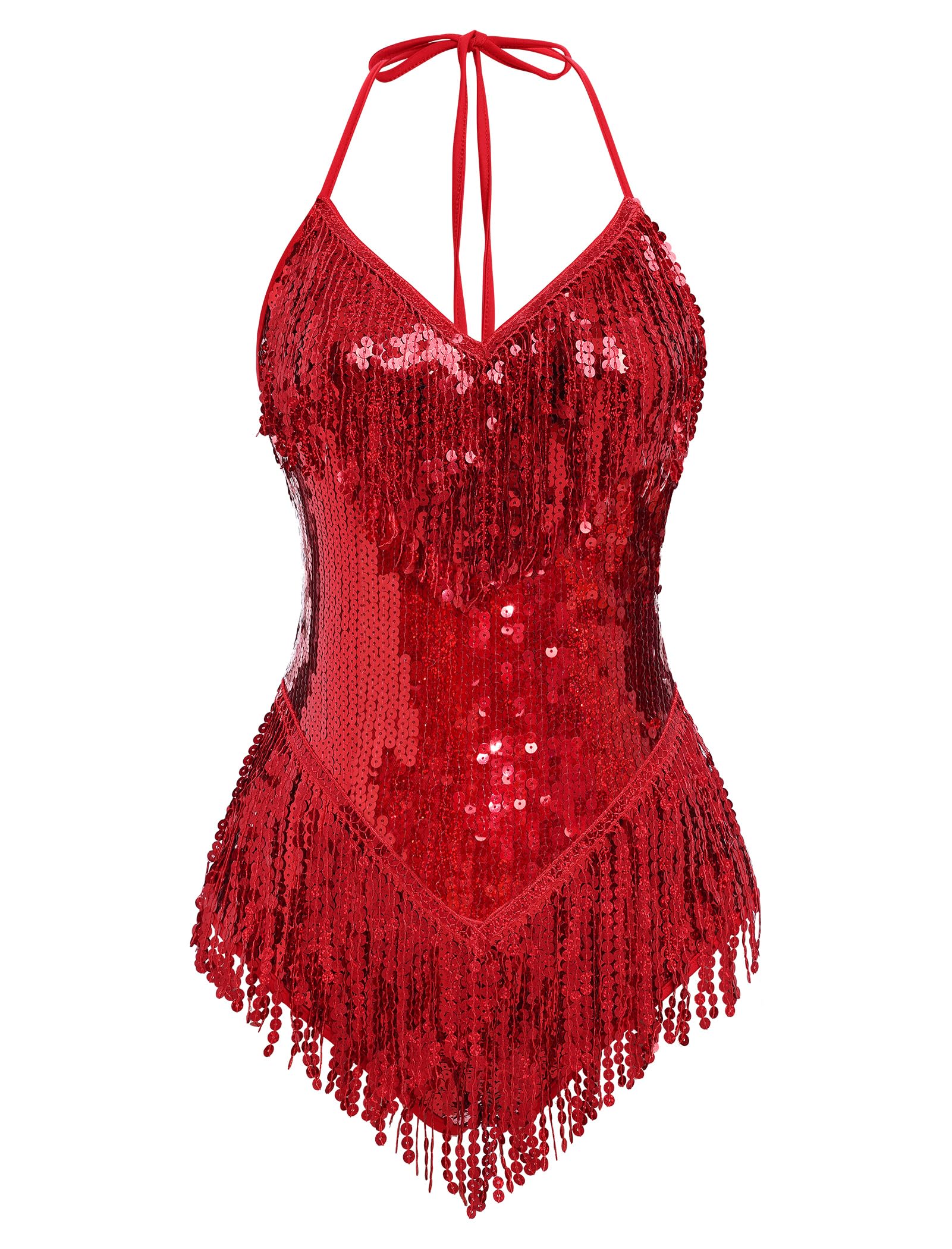 IDOPIP Damen-Body mit Pailletten, Fransen, glitzernde Quaste, Turnanzug, Strampler, lateinamerikanisches Tanzkleid, sexy Festival, Rave, Party-Outfits
