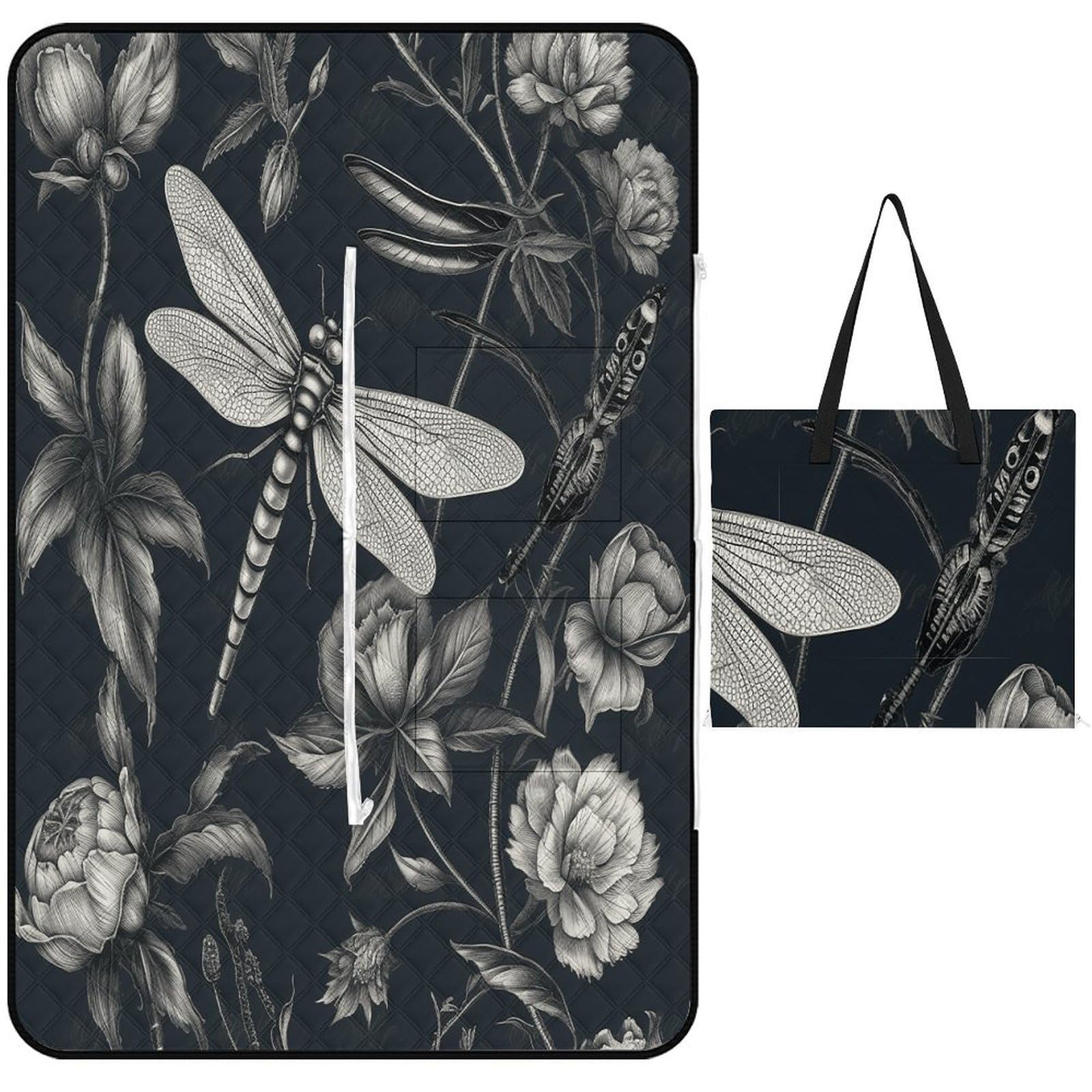 Black Flowers And Dragonfly Picnic Mat 150x100cm Extra Large Picnic Blanket with Zipper Waterproof Sandproof Beach Blanket Portable Beach Mat Foldable Camping Blankets for Park Grass Lawn Travel