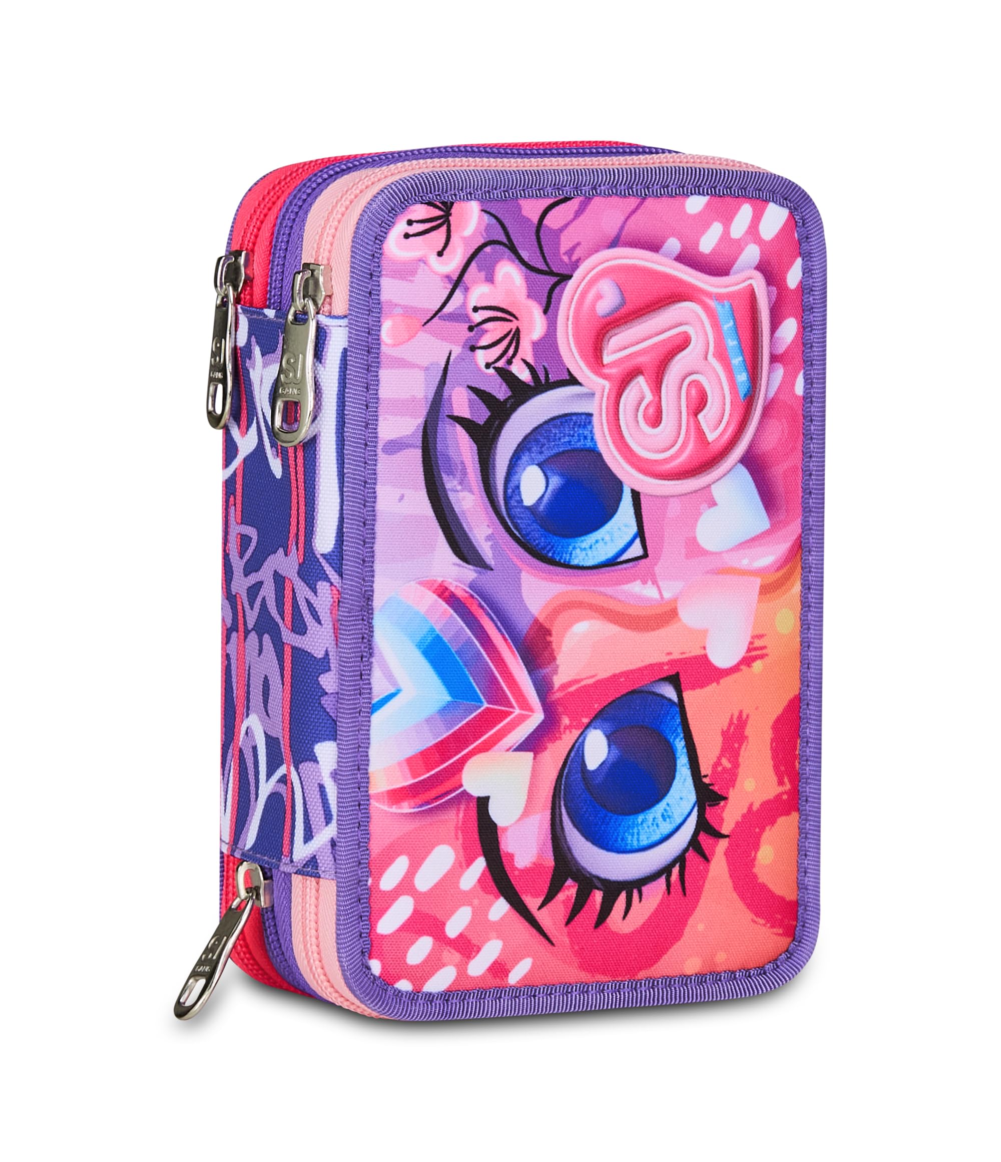 SJ GANG STYLE JAM GANG Astuccio Scuola 3 Zip, Rosa, Portapenne Triplo Scomparto Completo Di Penne, Matite, Colori, Accessori Zaino, Scuole Elementari, Bambina