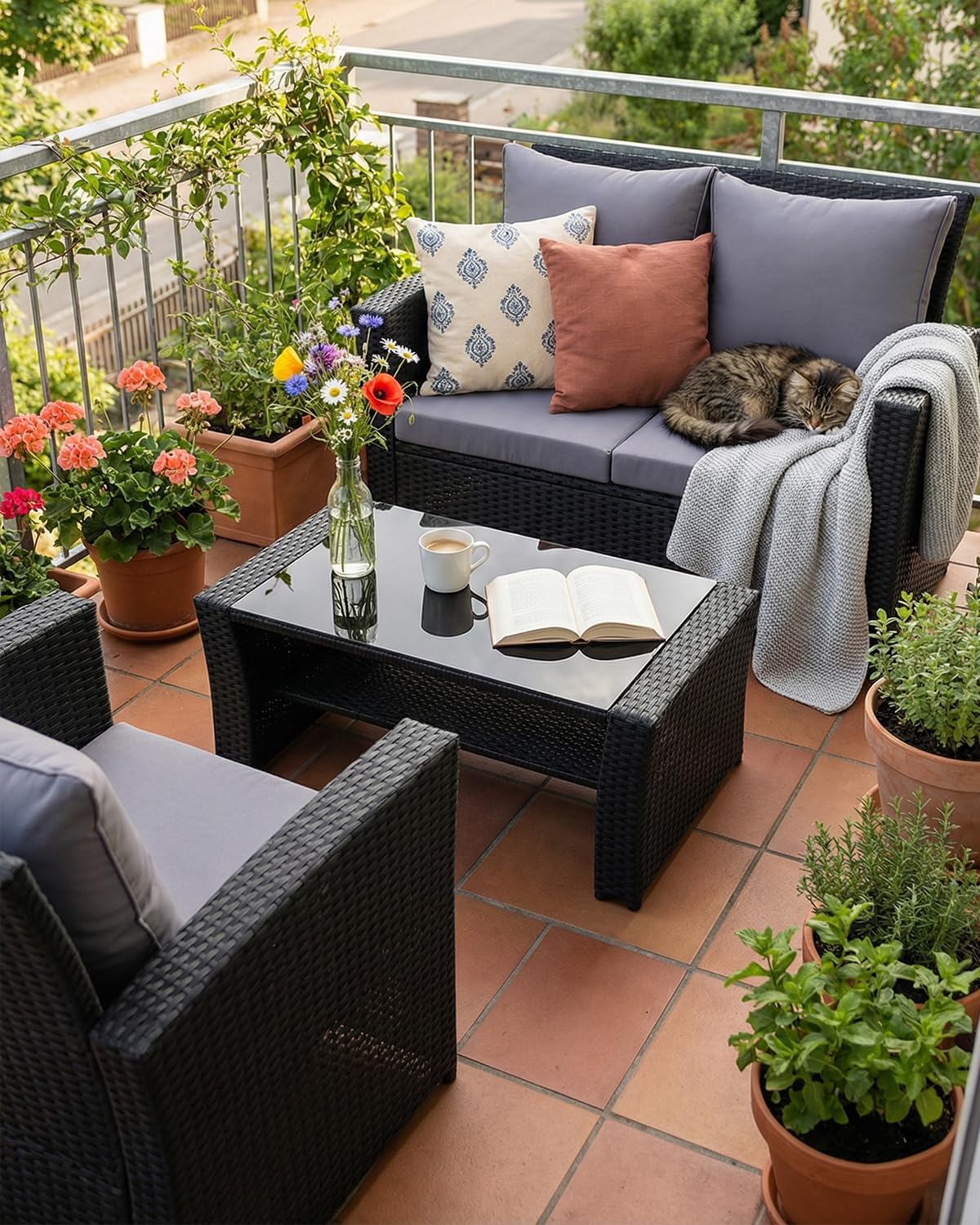 LANOX 4-Teiliges Poly Rattan Balkonmöbel Set mit Sofa und Couchtisch
