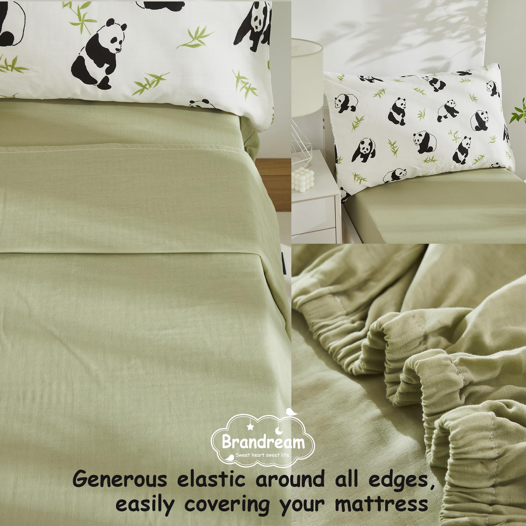 Brandream Juego de ropa de cama para niños y niñas con estampado de panda, sábana encimera, sábana bajera y funda de almohada, 4 piezas, blanco y verde