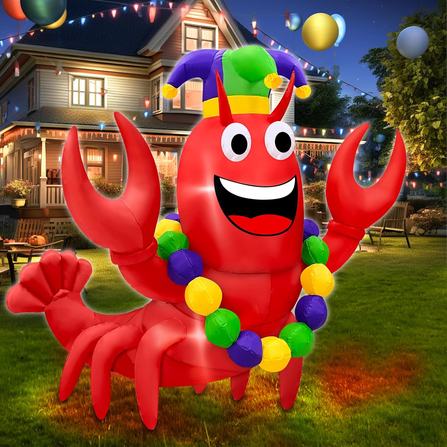 TURNMEON 6 Ft Mardi Gras Inflatable Outdoor Decorations Blow Up Lobster with Crown Mask Necklace Built-in LED Lights Mardi Gras Decorations Yard Lawn Garden Home Indoor Carnivals Party - Image 5