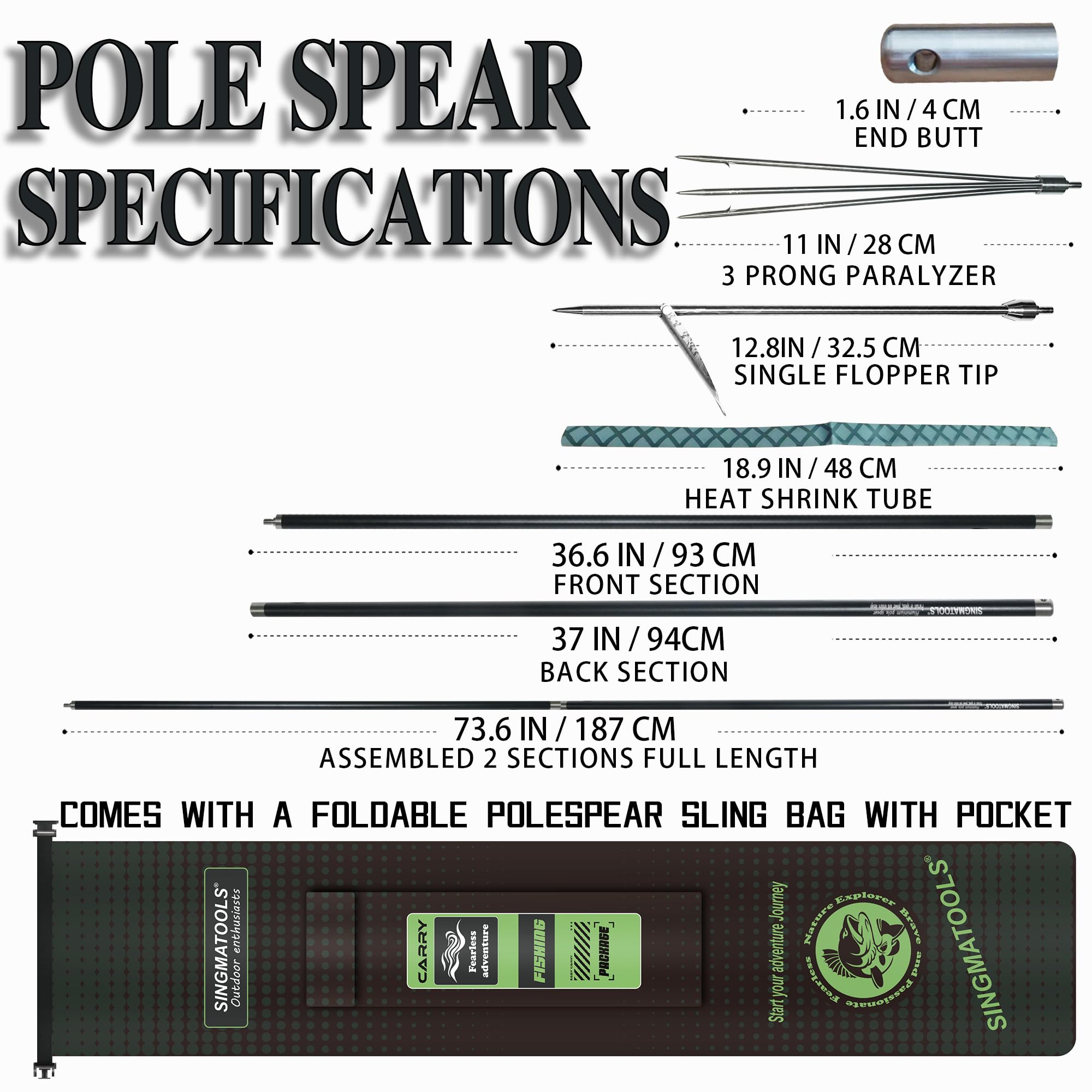 Hawaiian Sling Fishing Spear 7ft Travel Aluminum Pole Spear 3 Prong Sling Spear Fishing Equipment Snorkeling Scuba Diving Gear Polespears Harpoon for Fishing Kayak, Spearfishing, Freediving