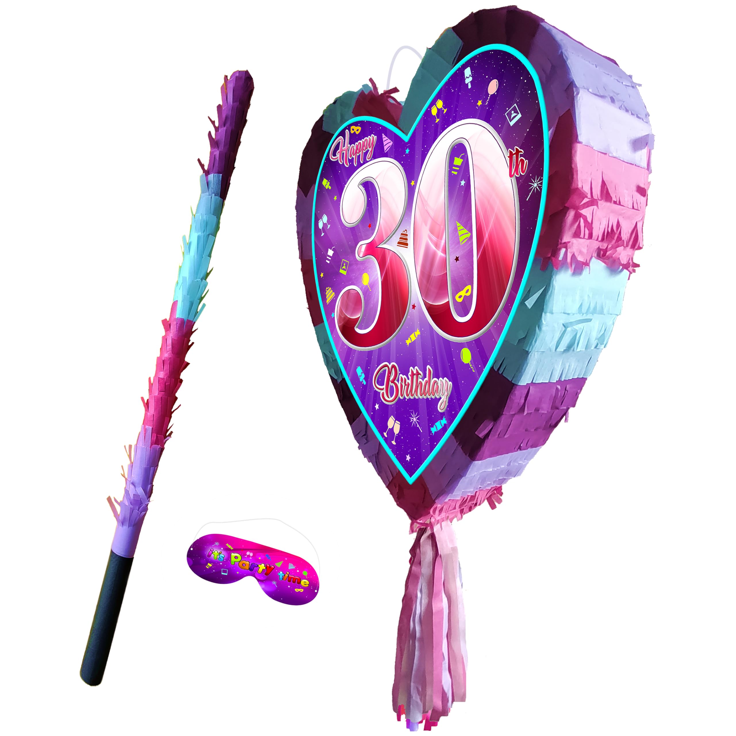 30th birthday pinata with stick - Girls thirty party smashing game - Big 41cm x 38cm, Pink, Purple, Sky Blue