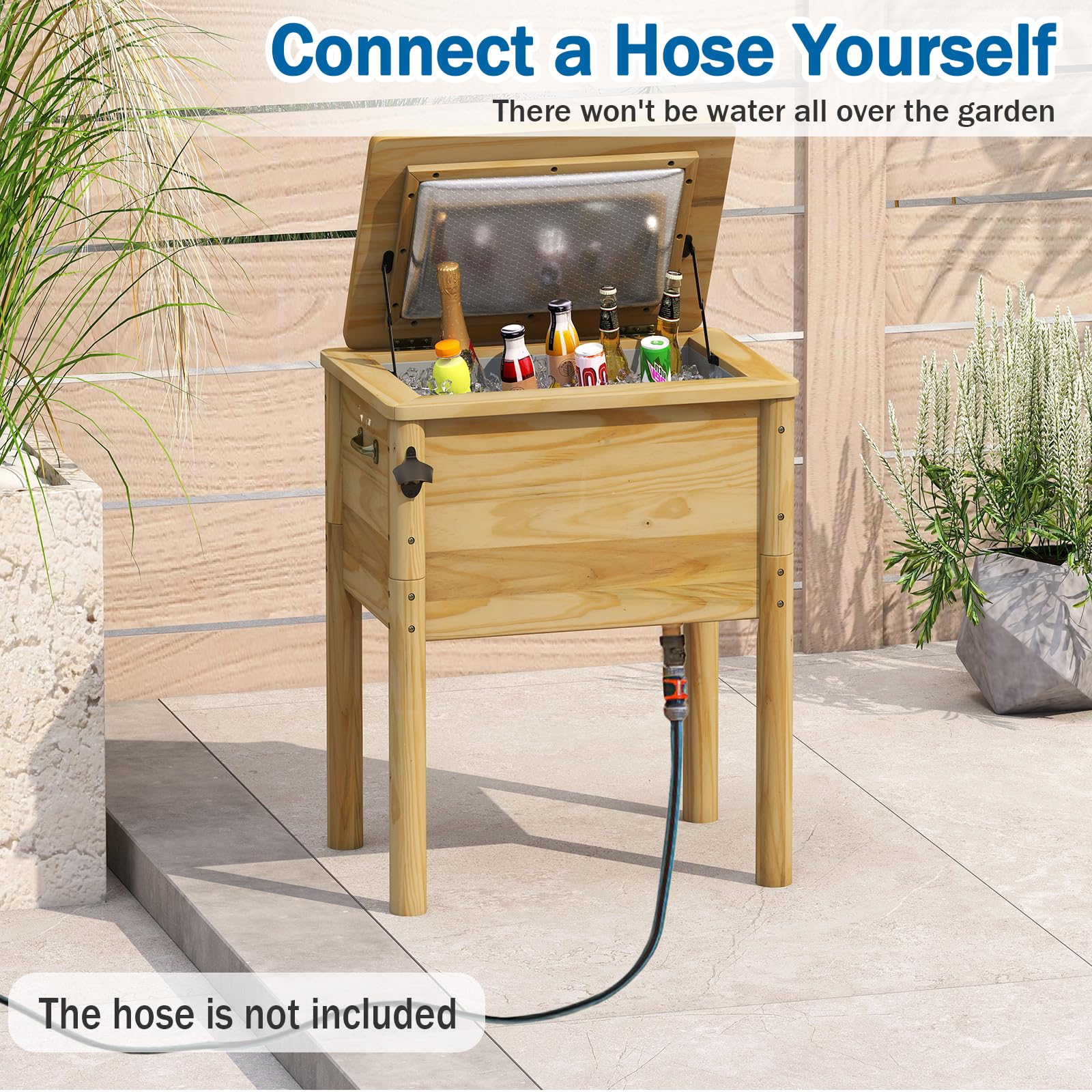 SOARS Frigorifero per rotelle, 51 l, bar all'aperto mobile 67 x 47 x 74 cm, tempo di mantenimento 2-4 ore, materiale in legno di pino solido, per giardino, terrazza, piscina, bistrot, naturale