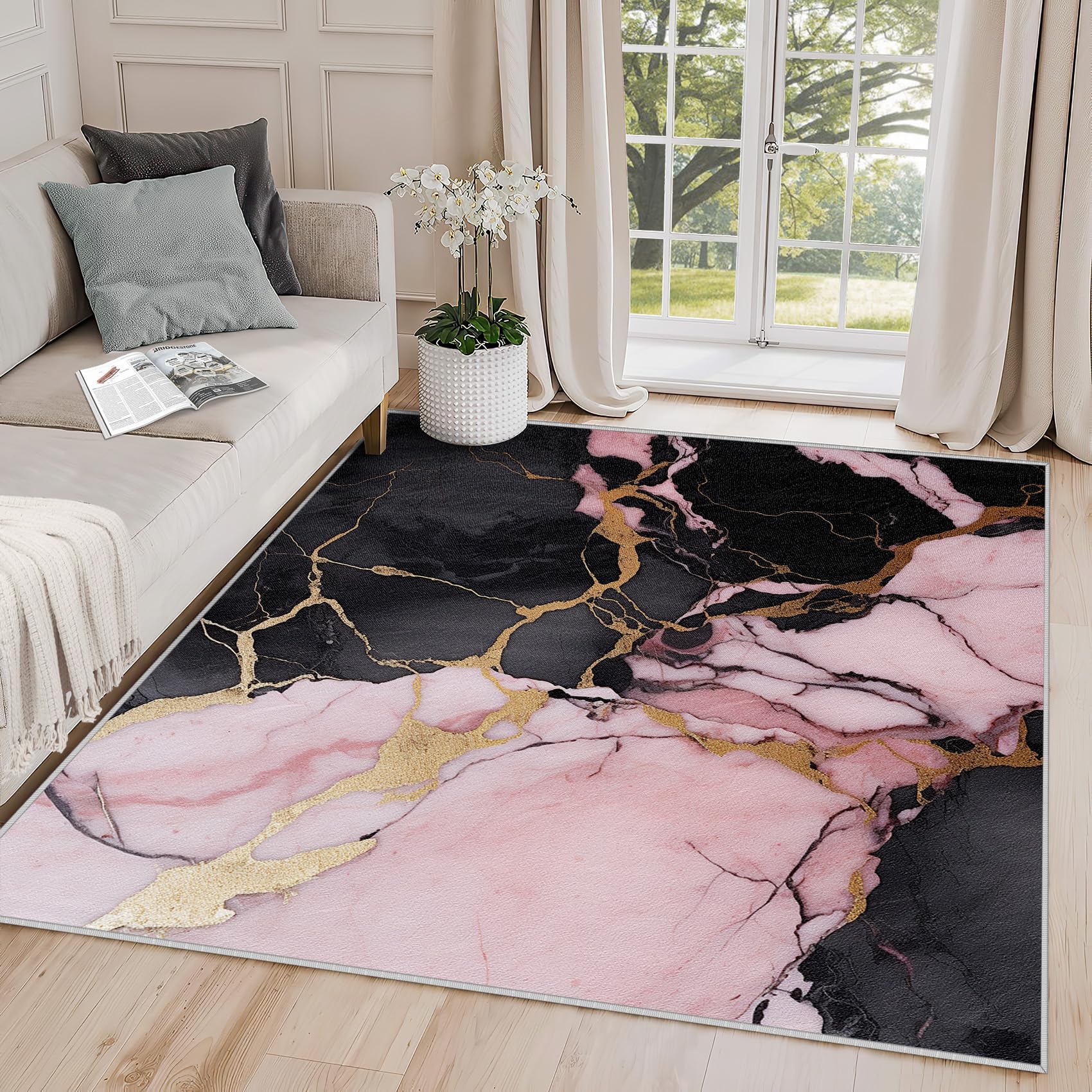 Yoozitrees Marble Rug for Bedroom - 2x3 Pink Gold Black Area Rug, Abstract Modern Luxury Door Mat, Washable & Non Slip & Soft Small Carpet, Marble
