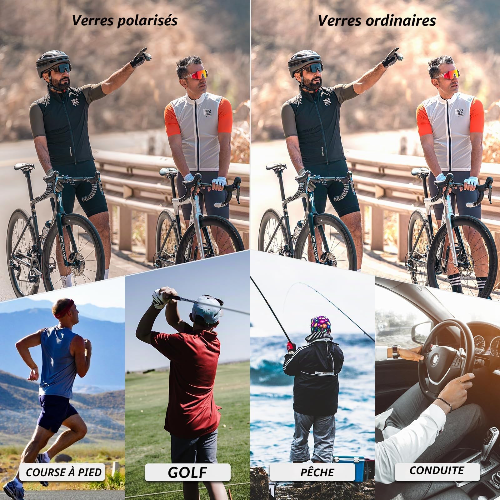 ROCKBROS Lunette de Sport Polarisées Homme Cyclisme Lunette VTT Protection UV400 Lunette de Soleil Noir pour Vélo Pêche Course Conduite avec 5 Verres Interchangeable