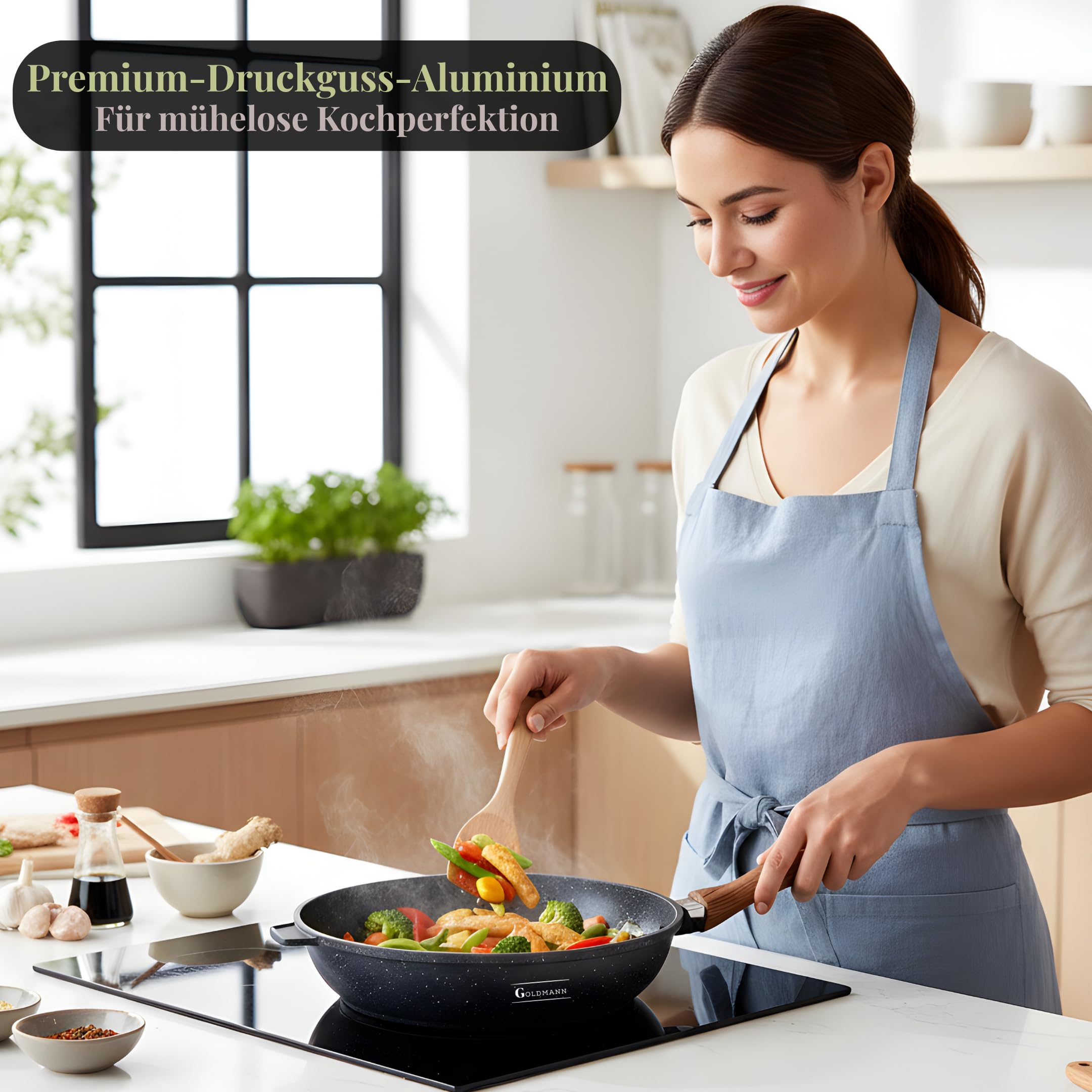 GOLDMANN Głęboka patelnia aluminiowa 24 cm z powłoką nieprzywierającą ceramiczno-marmurkową, kompatybilna z indukcją, bez PFOA