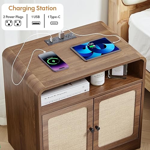 Miniatura 4 de Mesa auxiliar grande de 24 pulgadas con estación de carga, mesa auxiliar moderna de mediados de siglo con puertos USBtipo C, mesita de noche de