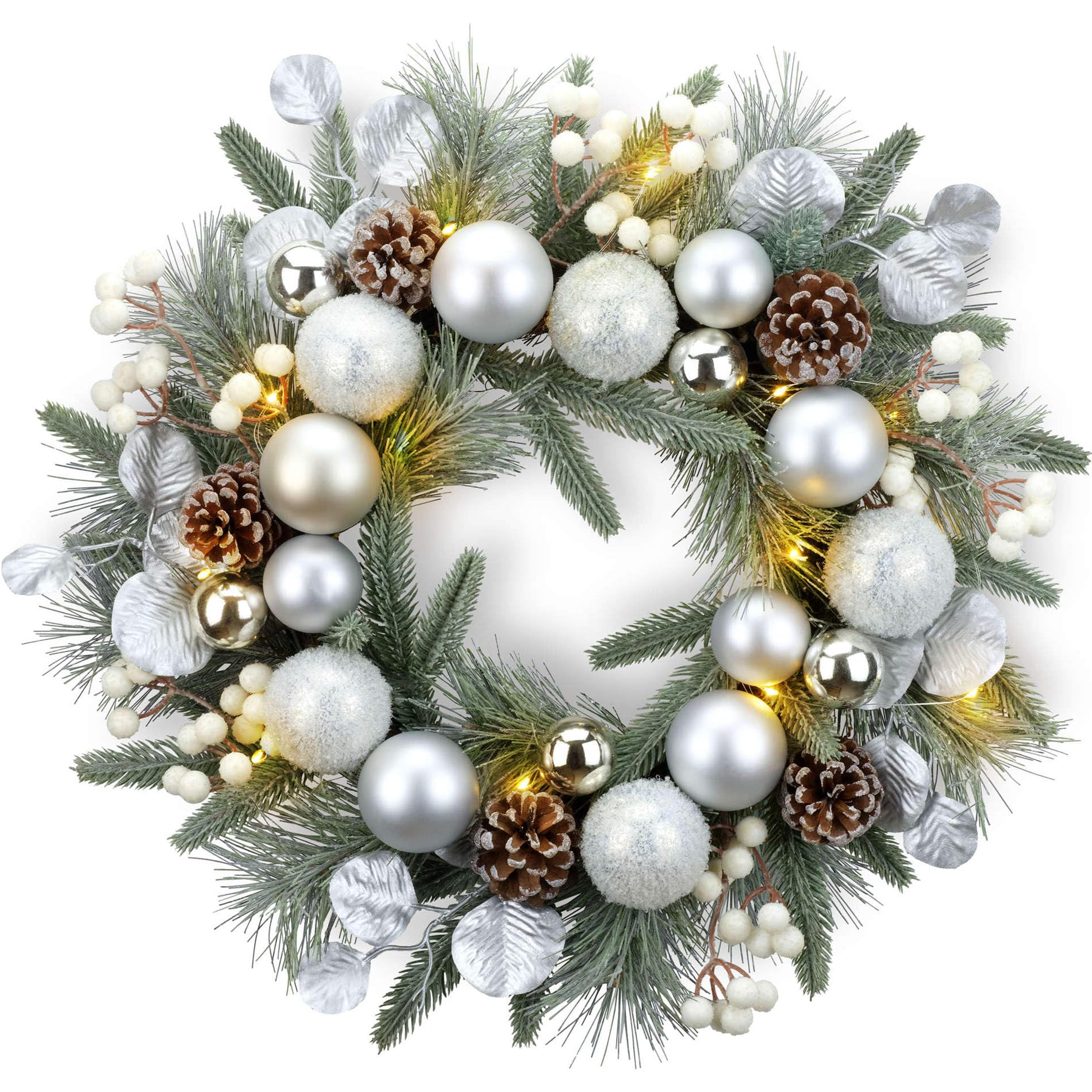 YULETIME Weihnachtskranz, 50,8 cm, Kugeln, Beeren, Tannenzapfen, Blätter, bereifte Fichtenzweige und Tannennadeln (Silber) | Silberfarbene Kugeln, weiße Beeren, Tannenzapfen, silberfarbene Blätter, gefrostete Fichtenzweige und Tannennadeln