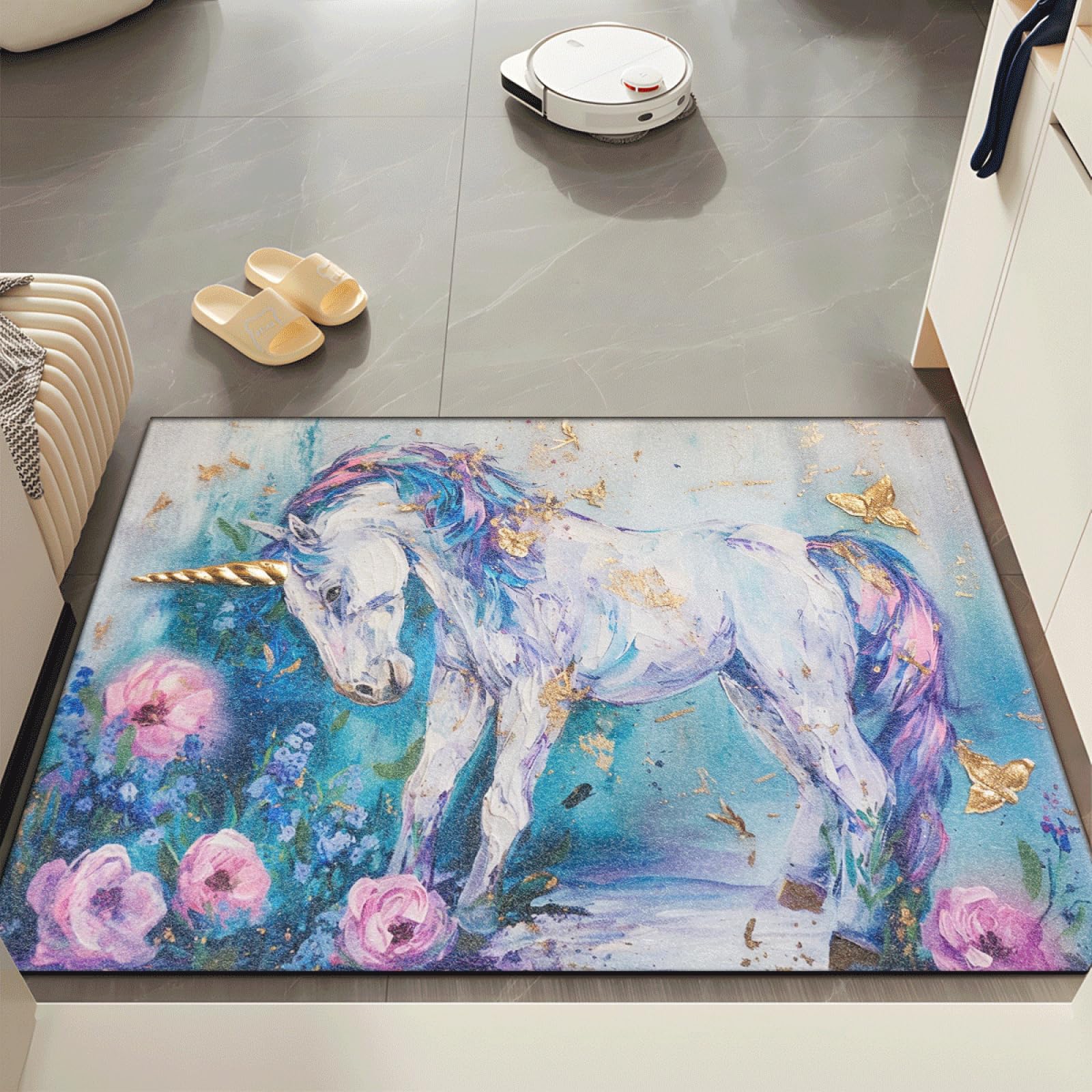 Fussmatte Innen 80x120 cm Blau Rosa Einhorn Fussmatte Aussen rutschfeste für Hund Eingang Badematte Waschbar Schmutzfangmatte Strapazierfähige und Langlebige Fussmatten Haustür