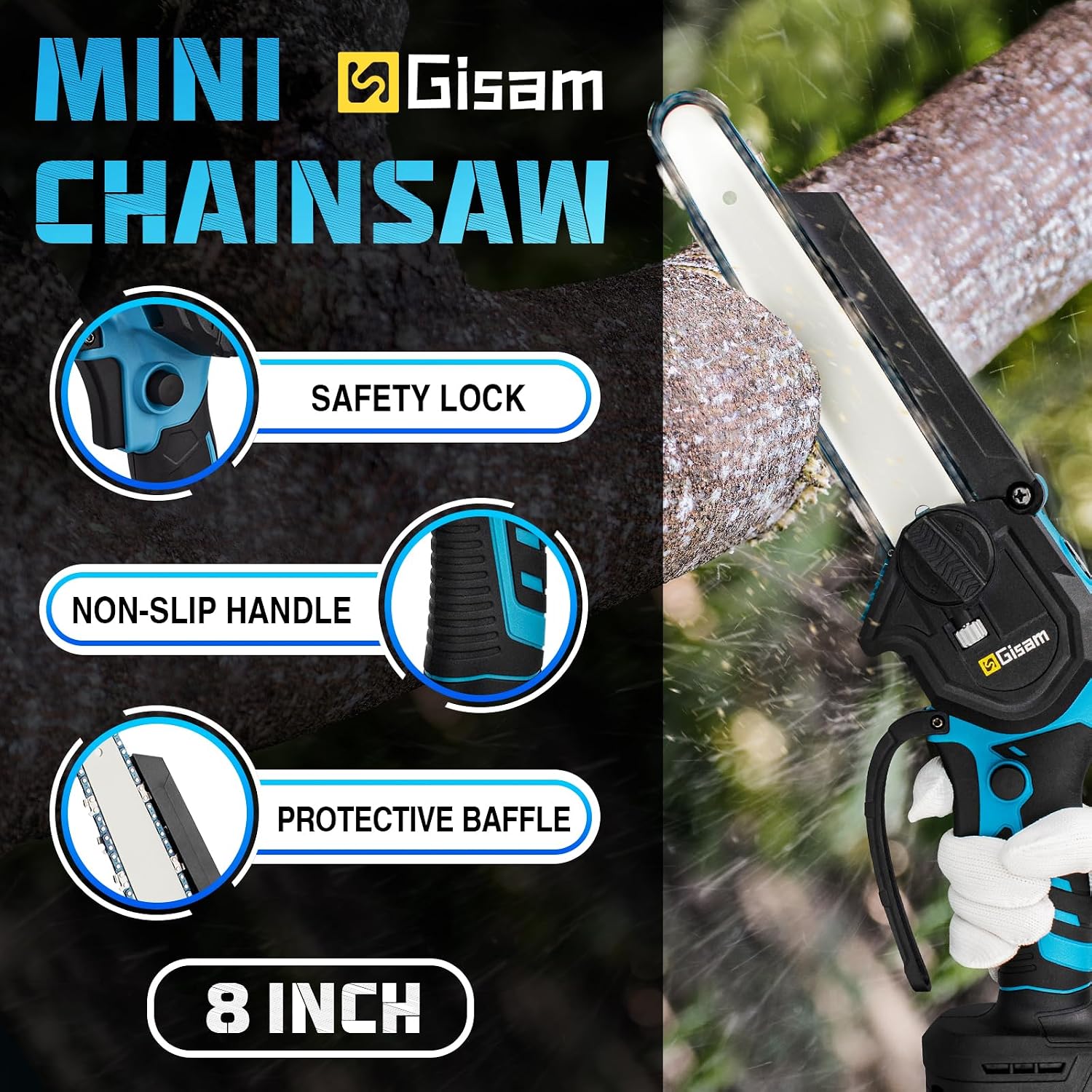 Gisam Mini Chainsaw highlighting safety lock, non-slip handle, and protective baffle