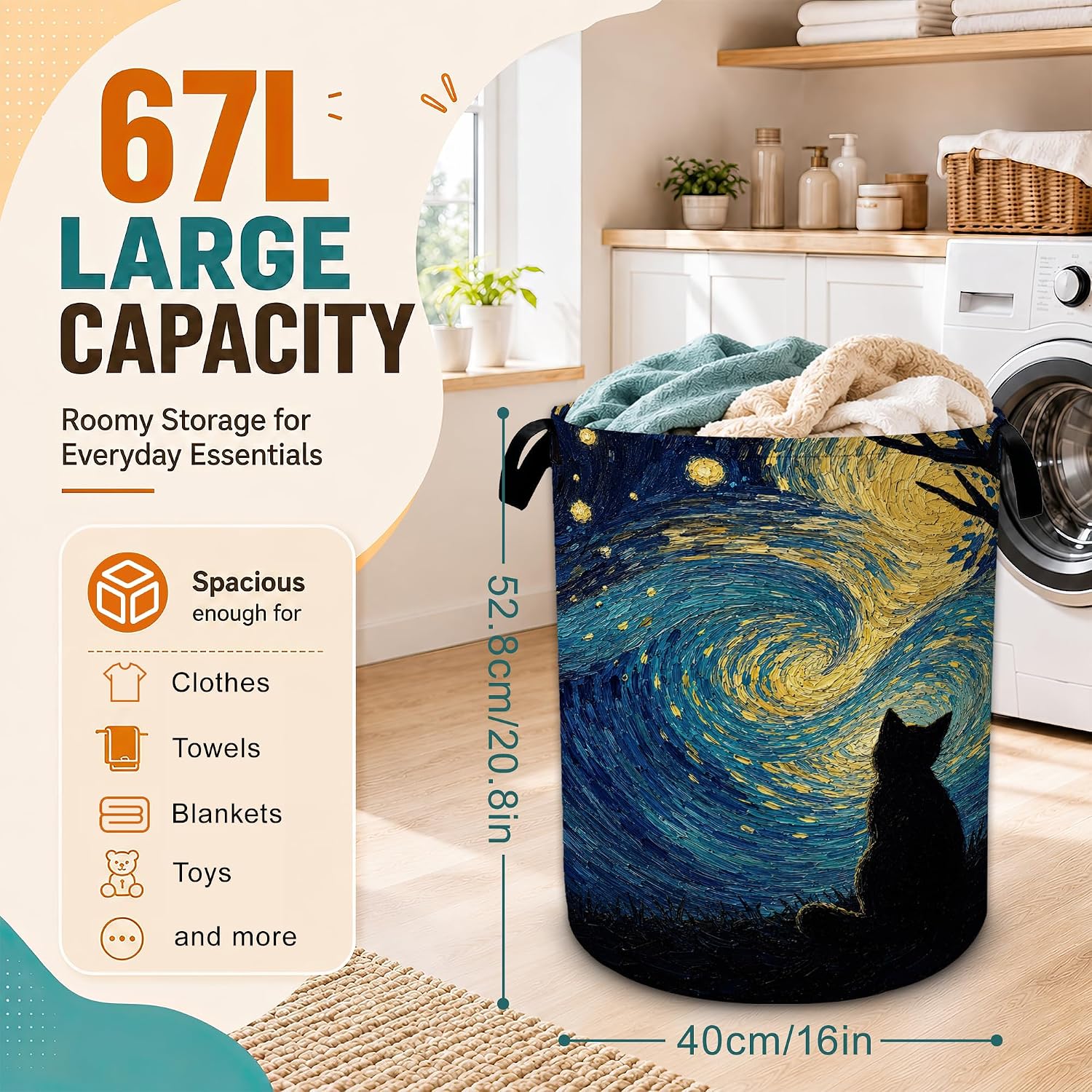 Starry Night Laundry Basket,Cat Large Collapsible Portable Round Laundry Hamper with Handles,Oxford Storage Bin for Clothes,Blankets, Bedroom,Bathroom image 2
