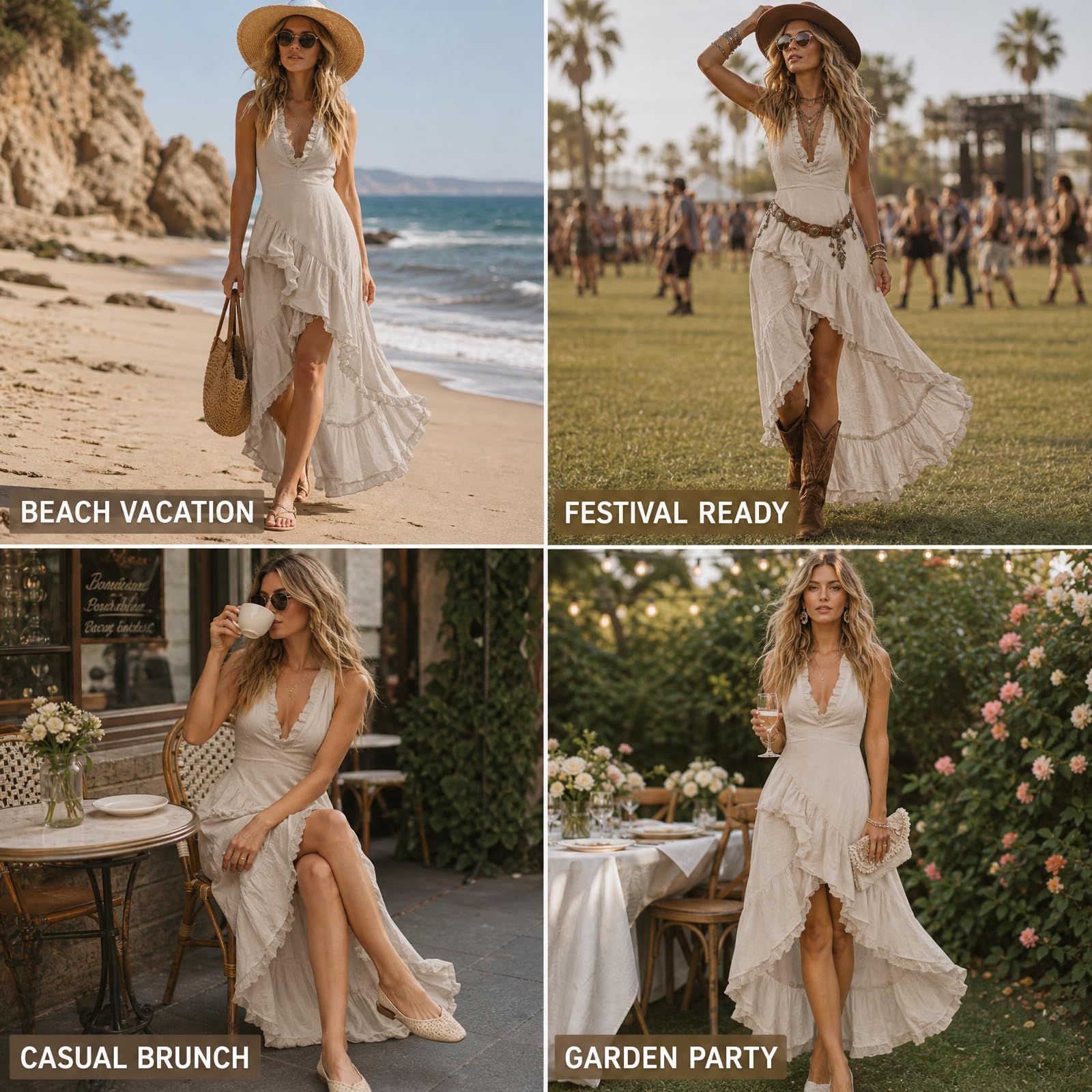 Generico Vestito Lungo Senza Maniche Estivo Donna Stile Boho Casual Collo a V con Volanti Gonna Asimmetrica a Balze Abito Bohémien Elegante per Vacanze Mare Matrimoni Estivi