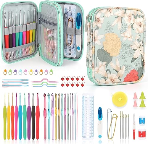 Katech Juego de ganchos de ganchillo con estuche de ganchillo, 73 piezas de accesorios de tejer, gancho ergonómico de ganchillo para hacer bolsas,