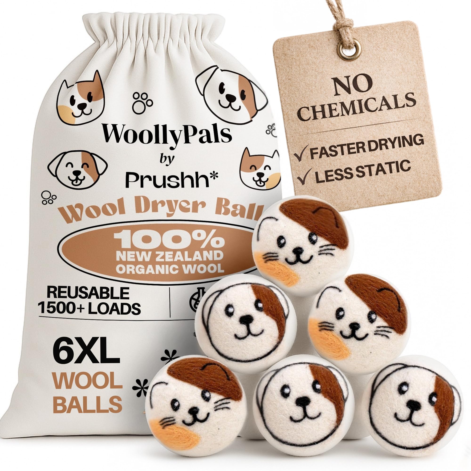 WoollyPals, palline di lana per asciugatrice (confezione da 6, misura XL) – 100% lana biologica neozelandese – sostenibili ed ecologiche – asciugano 1.000 carichi, sostituiscono i fogli per