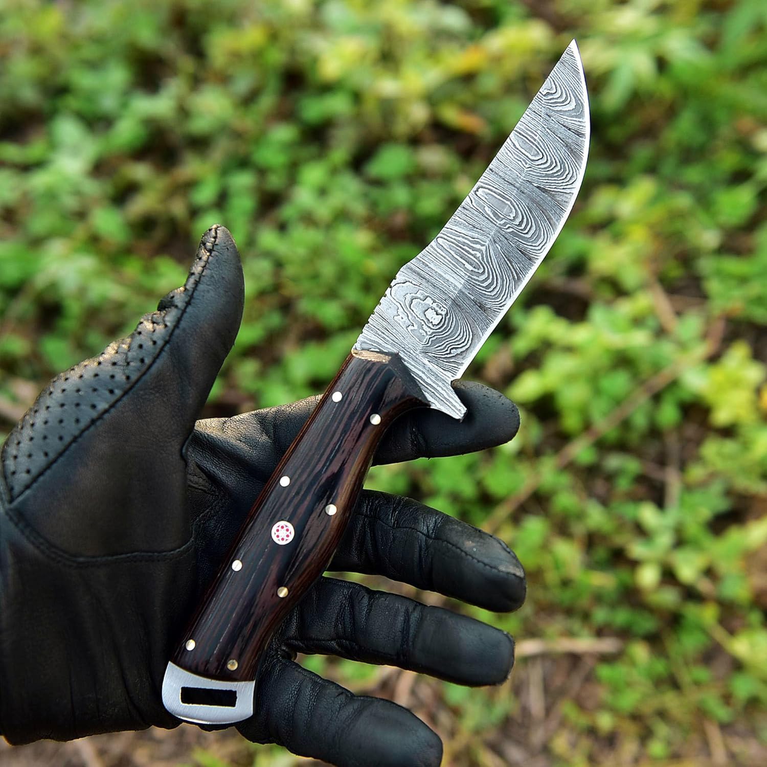 Damascus Steel Hunting Knife with Leather Sheath, Wenge Wood Handle 9.25 inch Handmade Outdoor Camping Fixed Blade Survival Knife Y-250
