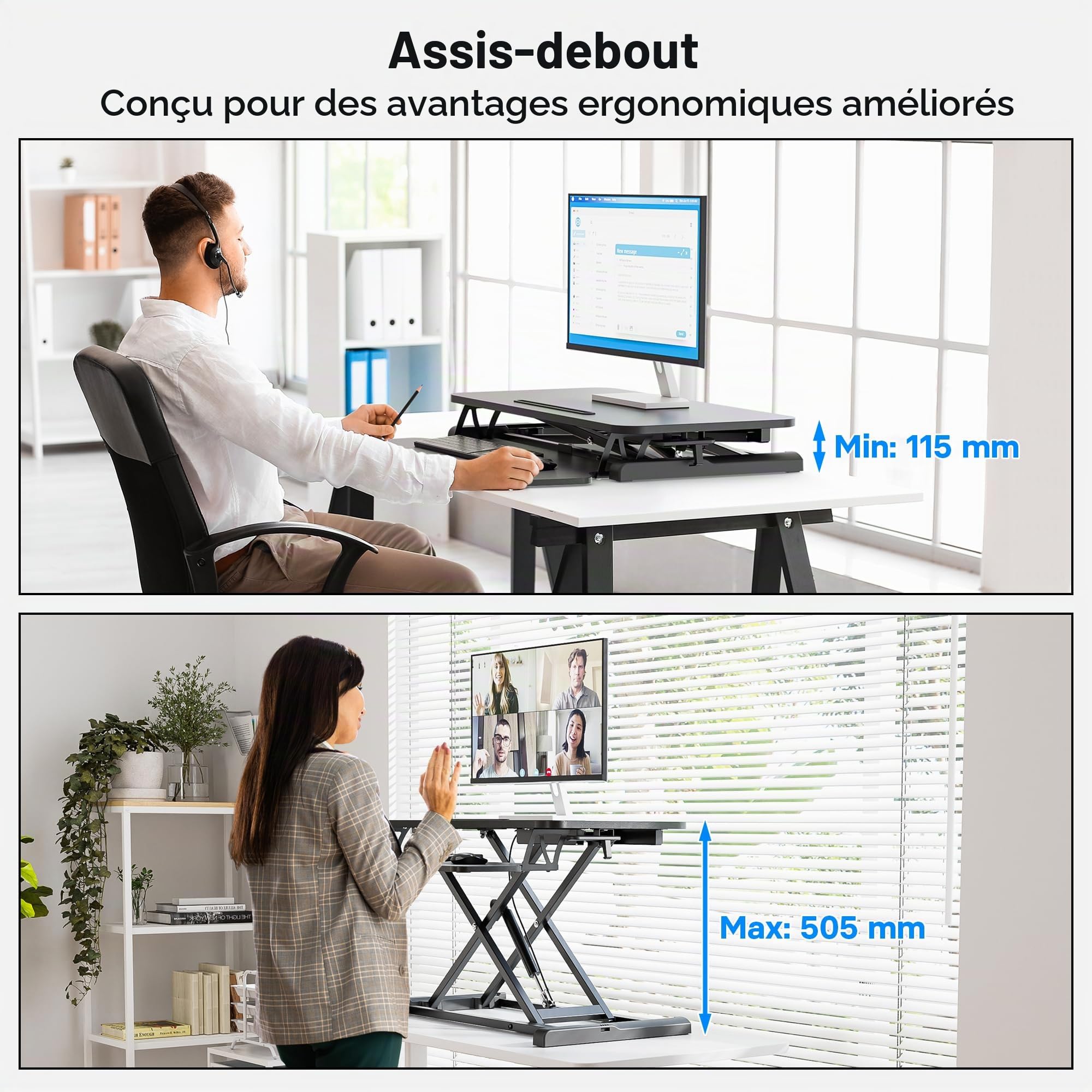 BONTEC Bureau Assis-Debout Réglable en Hauteur, Convertisseur de Bureau Standing Desk avec Plateau Clavier Amovible, Plateforme 80x40cm, Capacité 15kg, Bureau Travail Debout, Rehausseur Bureau