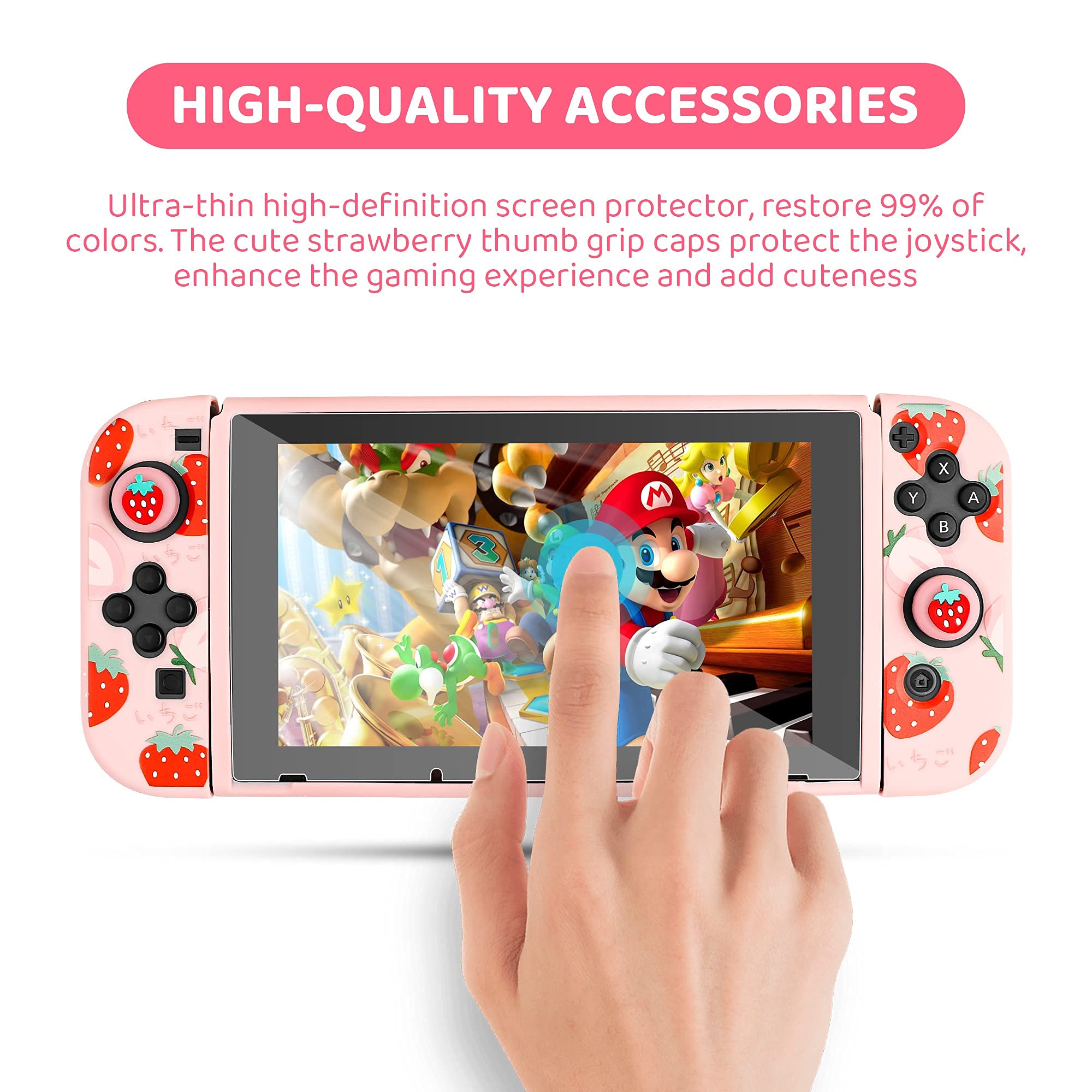 FANPL Pochette coque pour Nintendo Switch, joli ensemble d'accessoires pour Switch avec étui de voyage rigide, coque en TPU souple, sangle réglable, protection d'écran, Joystick (fraise rose)