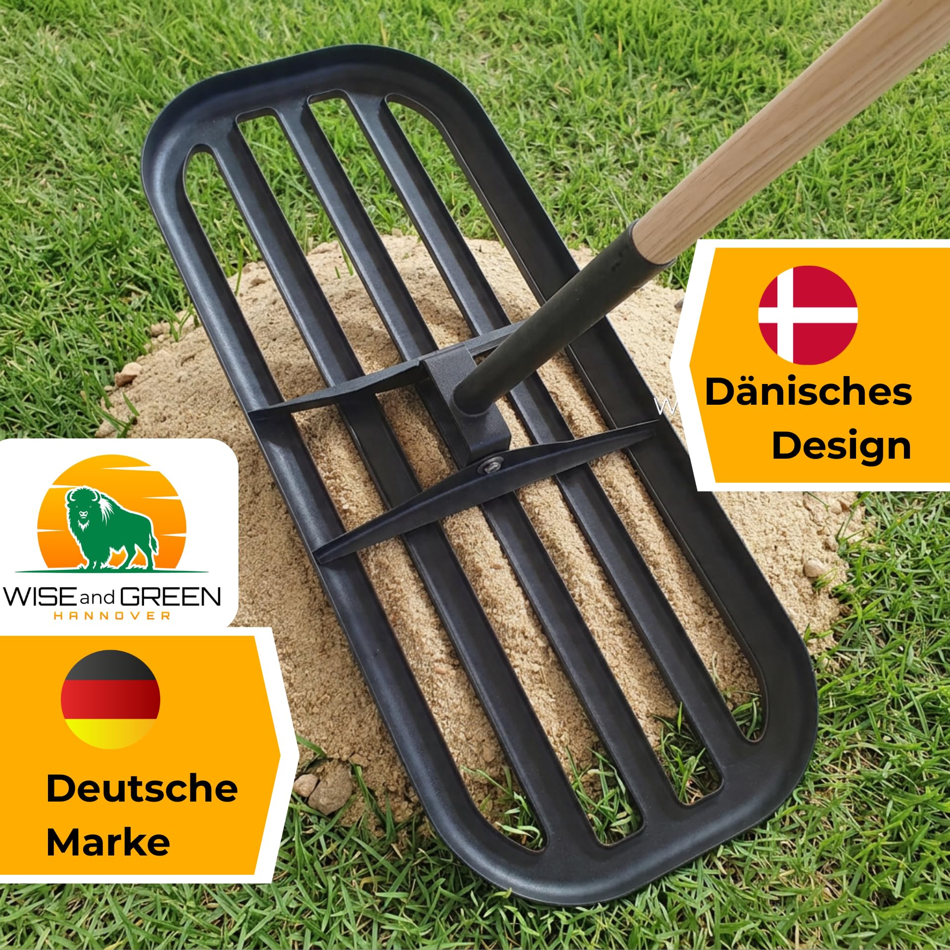 Rasenrakel für Ebenen Rasen | WISEandGREEN 80x30cm | Edelstahl | Kein Verhaken · Abgerundete Ecken · Holzstiel · Nivellierrechen