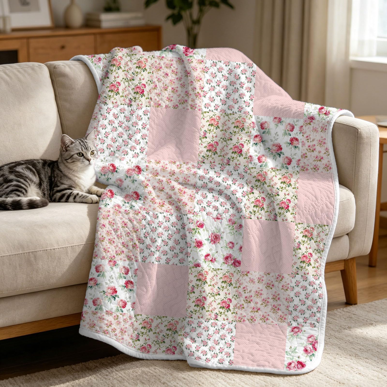 GLOBLELAND Rose Gesteppte Tagesdecke 150x130 cm rosa Blume leichte Decke Steppdecke wendbar floral Patchwork für Couch Sessel Sofa Bett Homeoffice Zimmer Geschenk