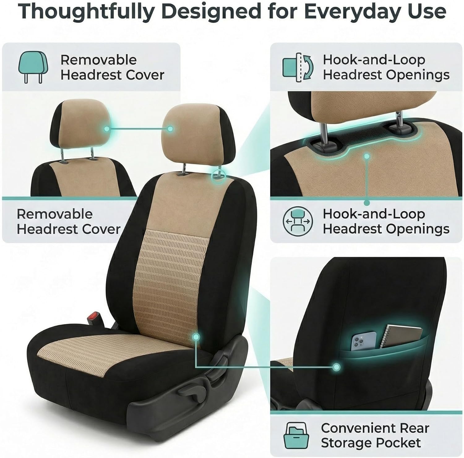 FH Group Universal Car Seat Covers Front Set for SUV Truck Sedan Vans | 3D Textured Breathable Fabric Seat Cover Set Protector with Airbag Compatible Interior Upgrade - Beige