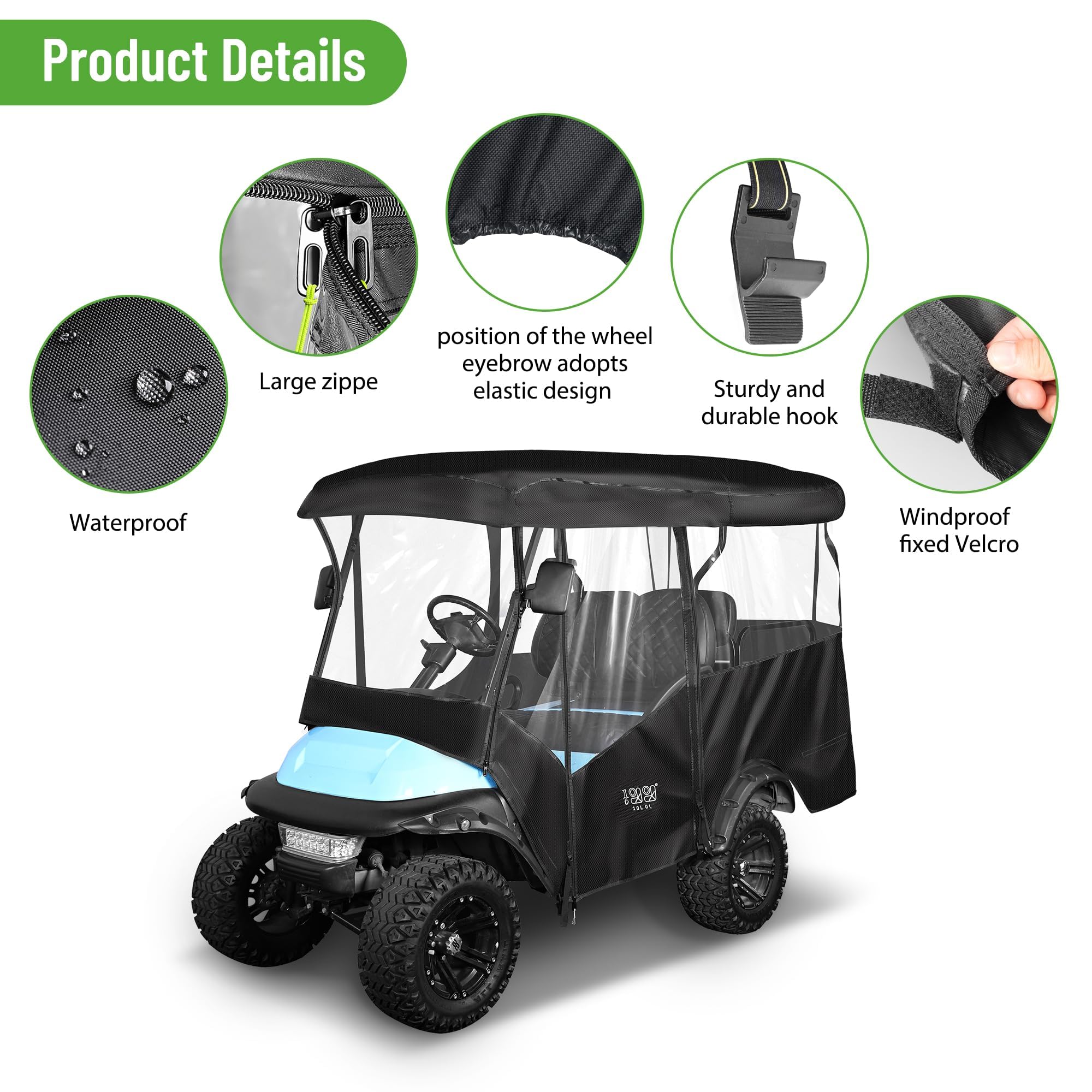 10L0L Universal Golfwagen-Gehäuse Kompatibel mit Yamaha, EZGO und Club Car Golf Cart Modellen, 4-Passagier Golf Cart Regenschutz Wasserdichtes 600D Material Winddicht Durchsichtig auf 4 Seiten